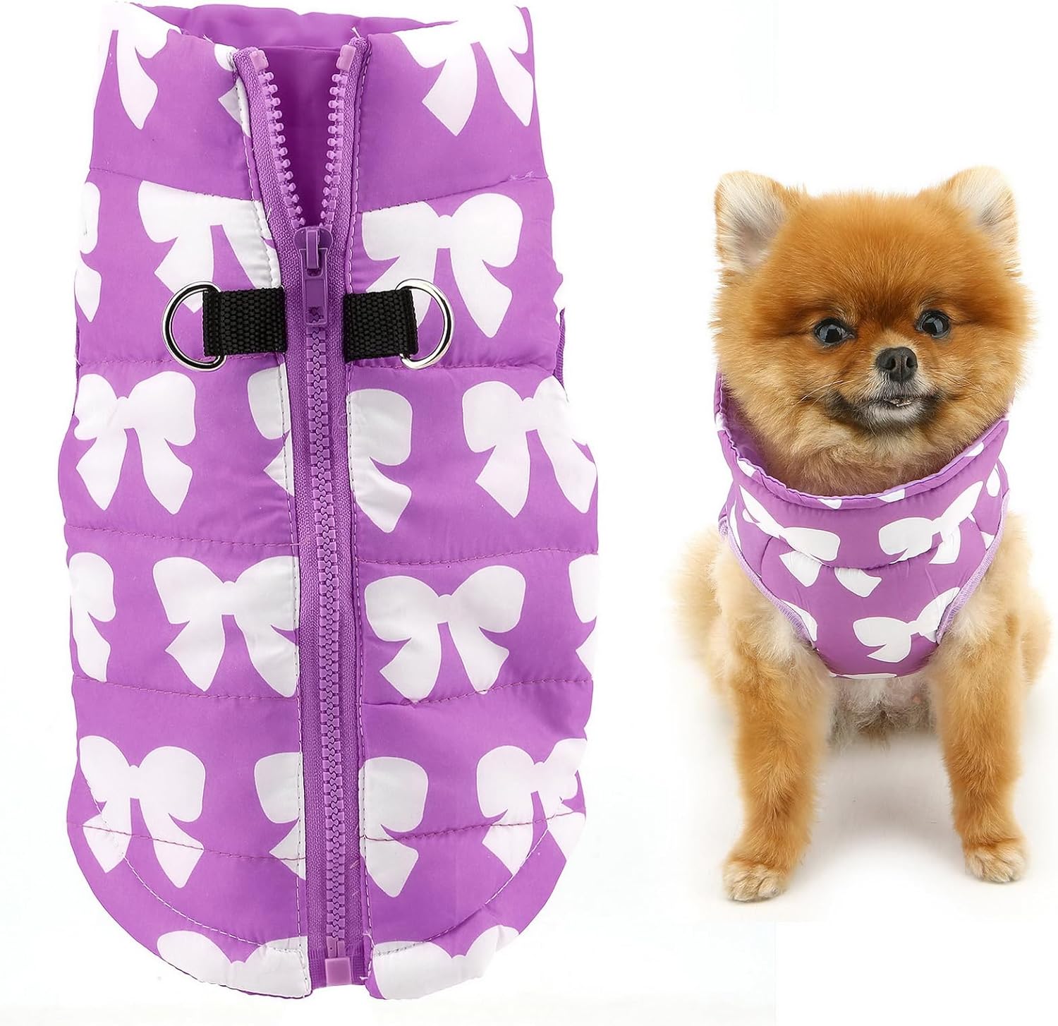 SMALLLEE_LUCKY_STORE Small Dog Cat Winter Coat Harness Jacket with D-ring Boy Girl Pet Puppy Comfort Padded Bomber Vest No Pull Chihuahua Clothes Pink Bows XS
