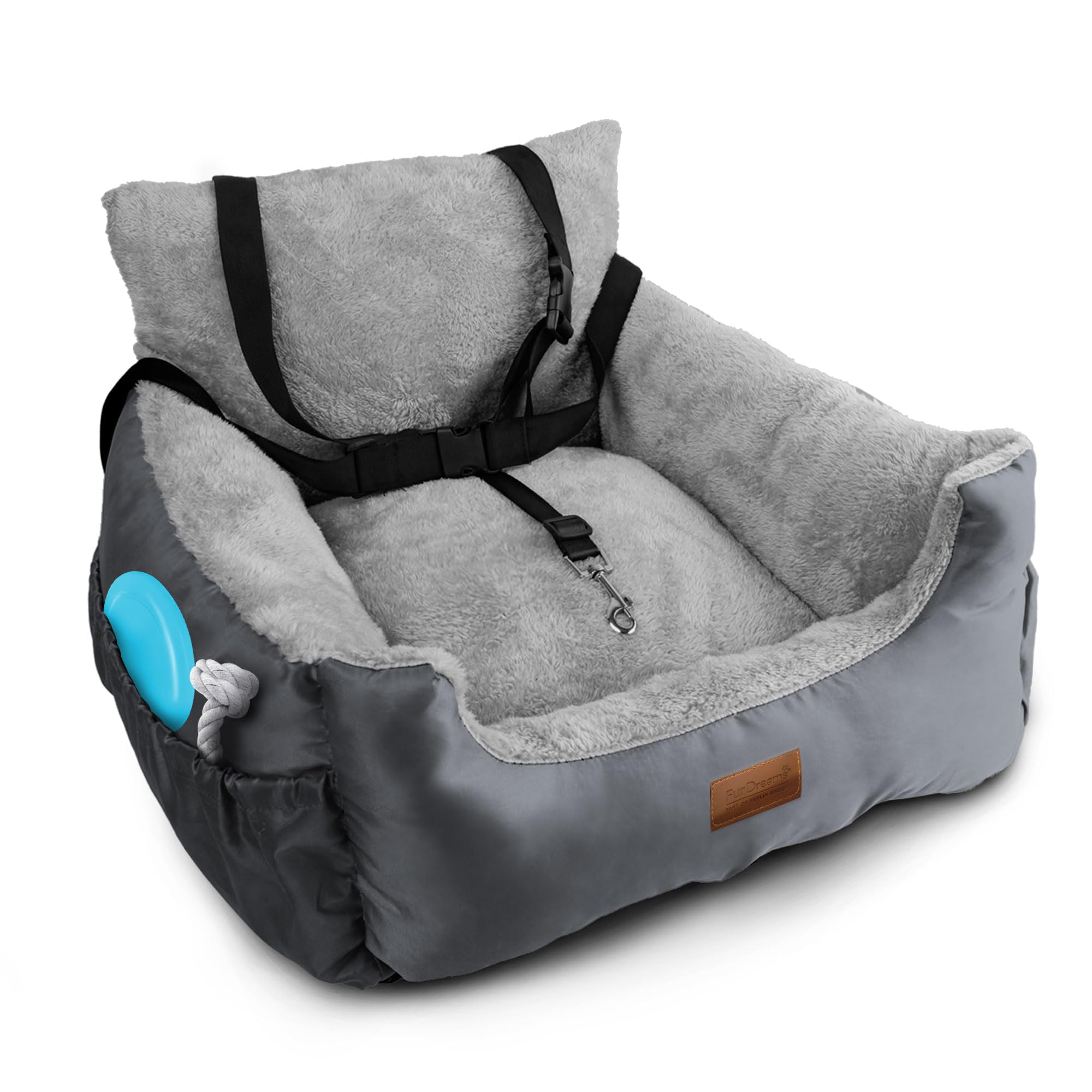Furdreams Dog Car Seat Plush & Cosy Pet Car Booster Seat for Small Dogs & Cats with Storage Pocket, Dogs Bed with Safety Leash, Waterproof Liner & Non-Slip Base, Dog Travel Bed