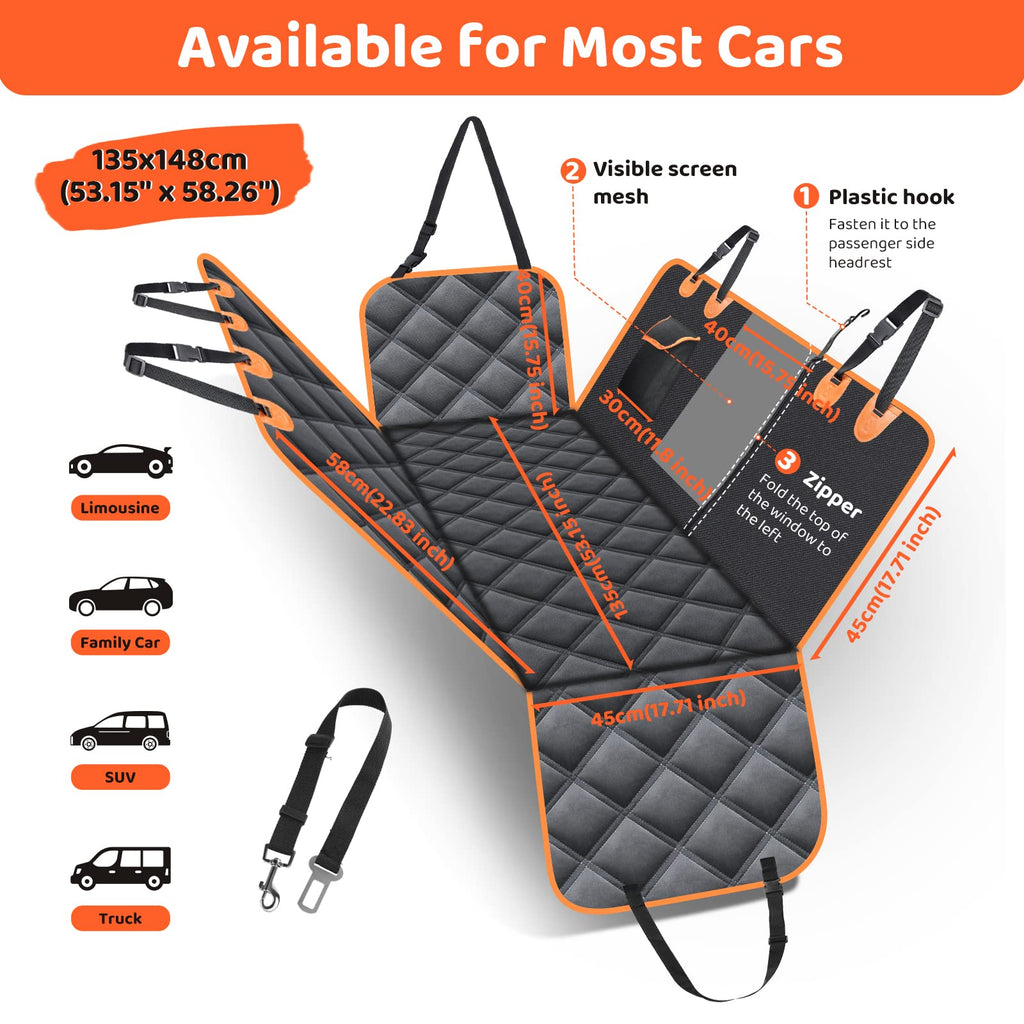 KYG Dog Car Seat Cover Dog Hammock For Car Back Seats With Side Protection And Mesh Visual Window, Durable Scratch Proof And Waterproof Pet Car Seat Cover For Cars/Trucks/Suv 135 X 148 Cm Red & Black
