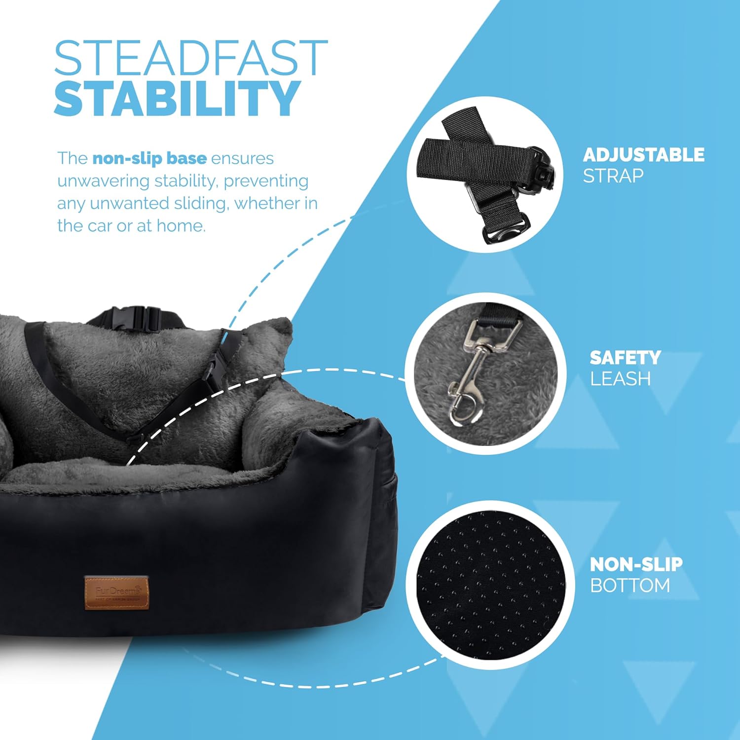 Furdreams Dog Car Seat Plush & Cosy Pet Car Booster Seat for Small Dogs & Cats with Storage Pocket, Dogs Bed with Safety Leash, Waterproof Liner & Non-Slip Base, Dog Travel Bed