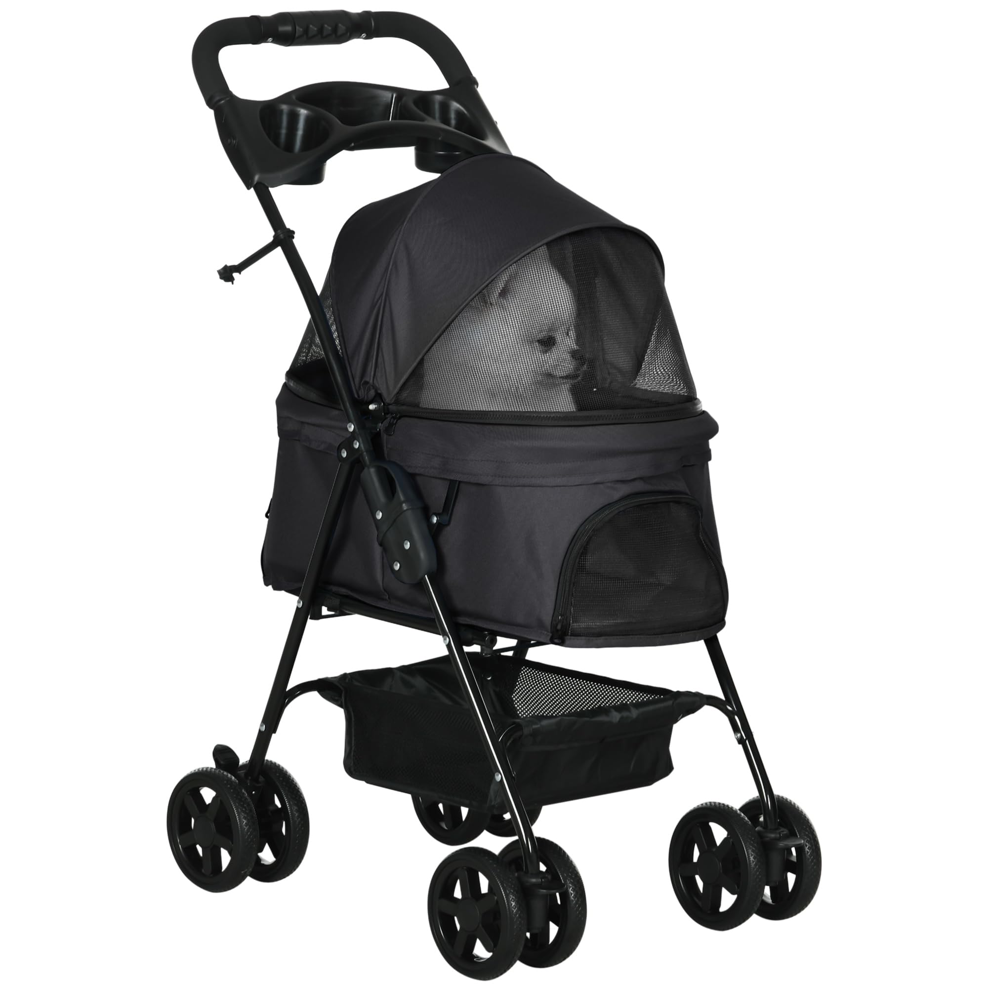 PawHut Dog Pram Dog Stroller Foldable Pet Pushchair with 4 Wheels, Safety Leashes, Cup Holder for Dogs,