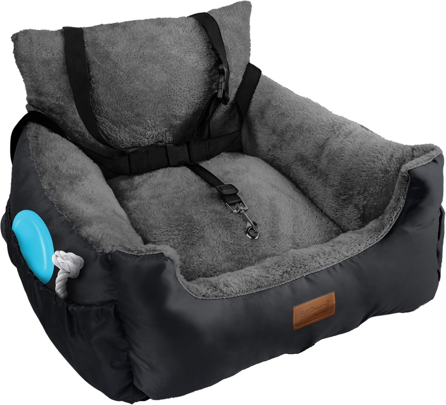 Furdreams Dog Car Seat Plush & Cosy Pet Car Booster Seat for Small Dogs & Cats with Storage Pocket, Dogs Bed with Safety Leash, Waterproof Liner & Non-Slip Base, Dog Travel Bed