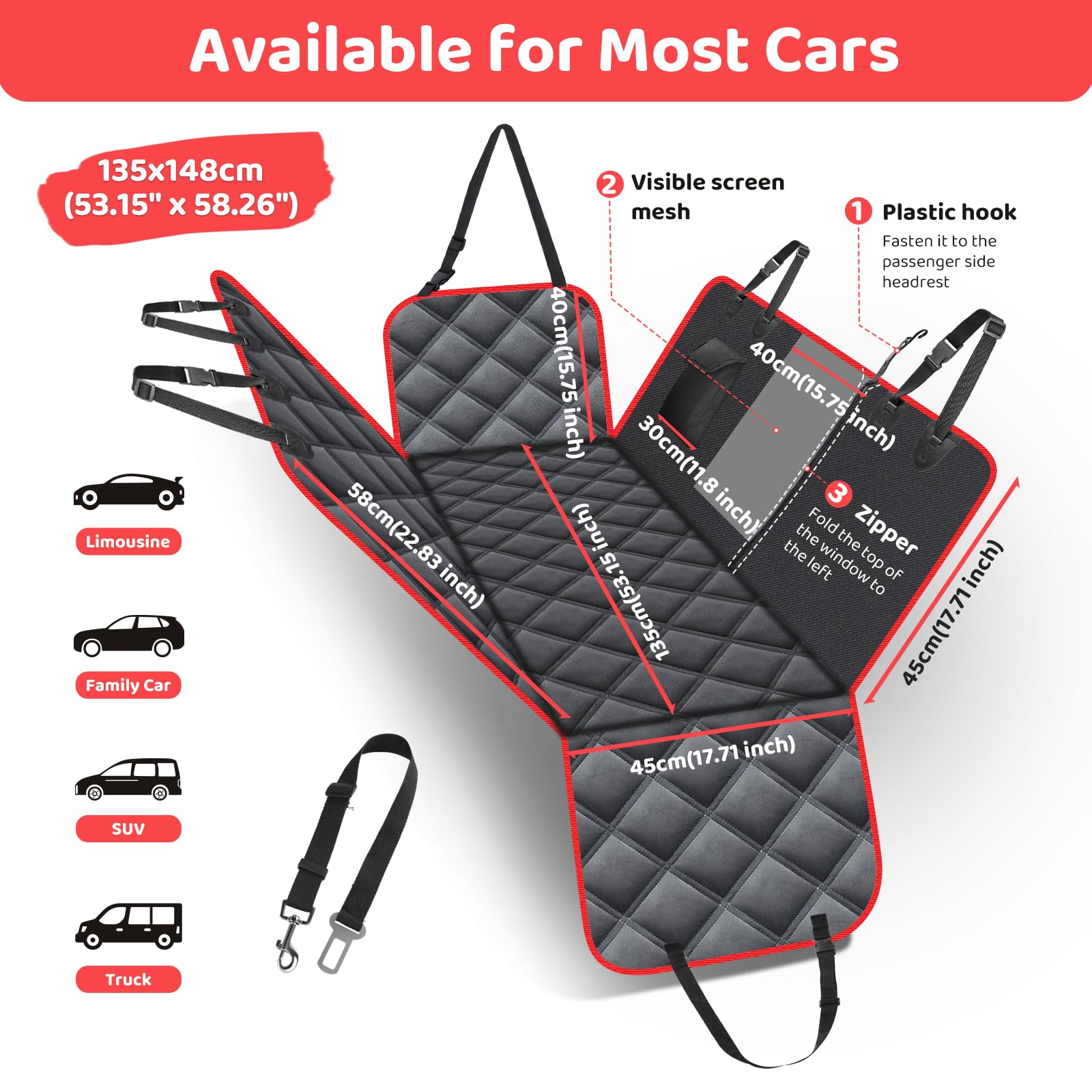 KYG Dog Car Seat Cover Dog Hammock For Car Back Seats With Side Protection And Mesh Visual Window, Durable Scratch Proof And Waterproof Pet Car Seat Cover For Cars/Trucks/Suv 135 X 148 Cm Red & Black