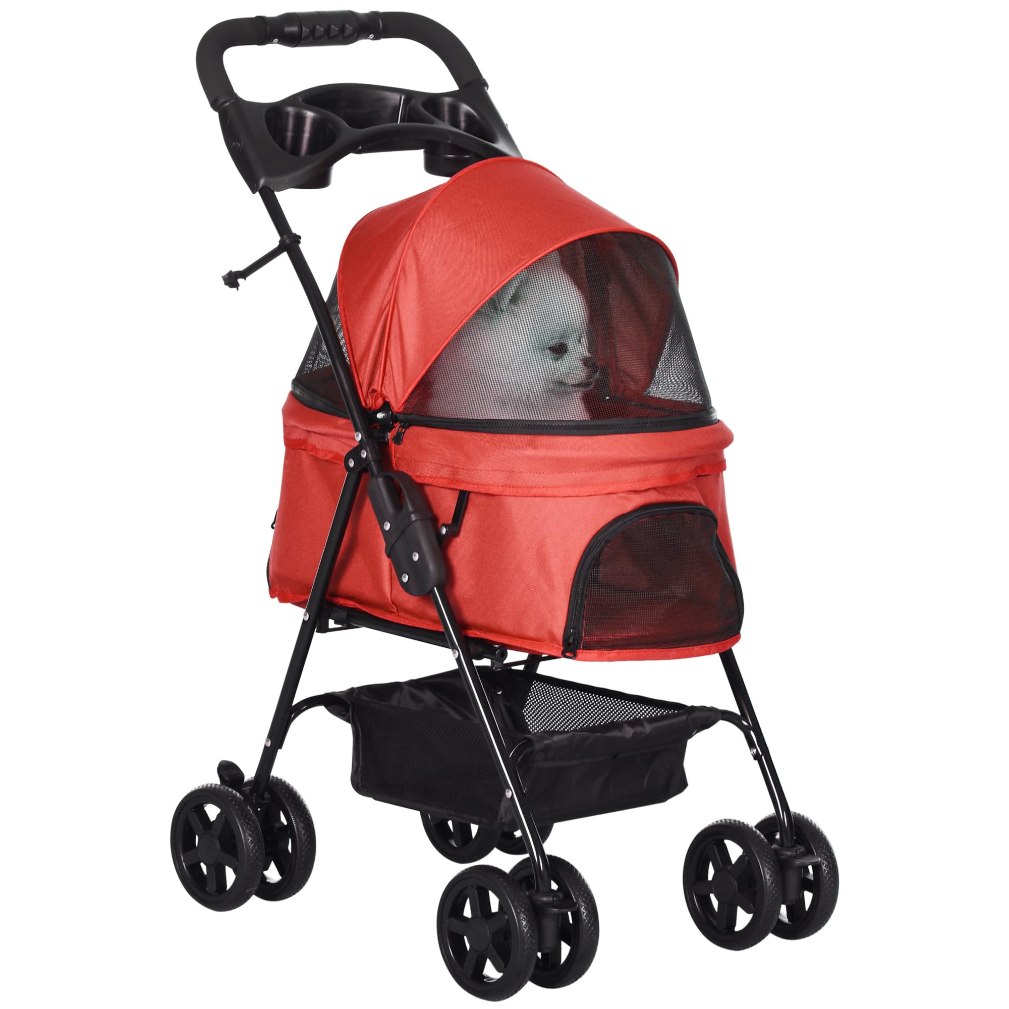 PawHut Dog Pram Dog Stroller Foldable Pet Pushchair with 4 Wheels, Safety Leashes, Cup Holder for Dogs,