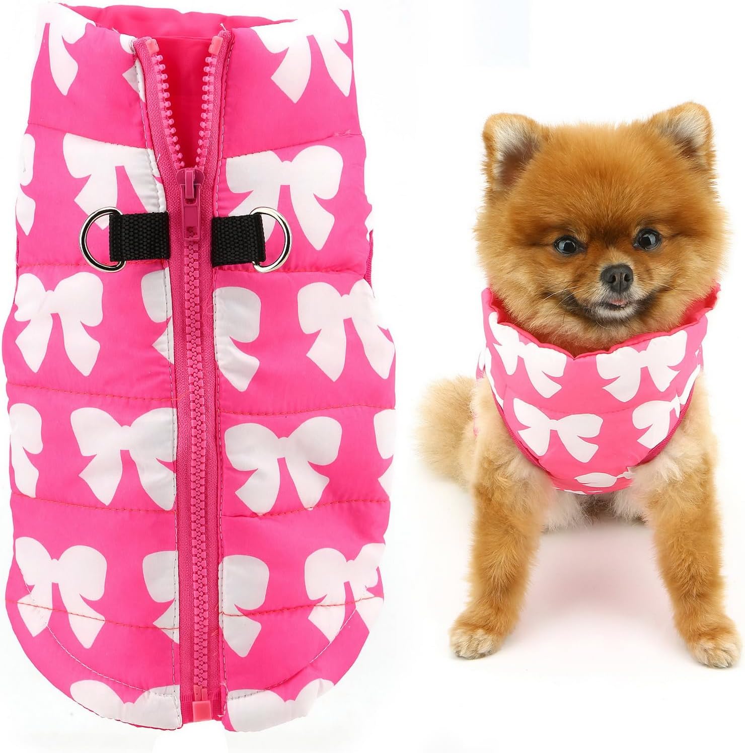 SMALLLEE_LUCKY_STORE Small Dog Cat Winter Coat Harness Jacket with D-ring Boy Girl Pet Puppy Comfort Padded Bomber Vest No Pull Chihuahua Clothes Pink Bows XS