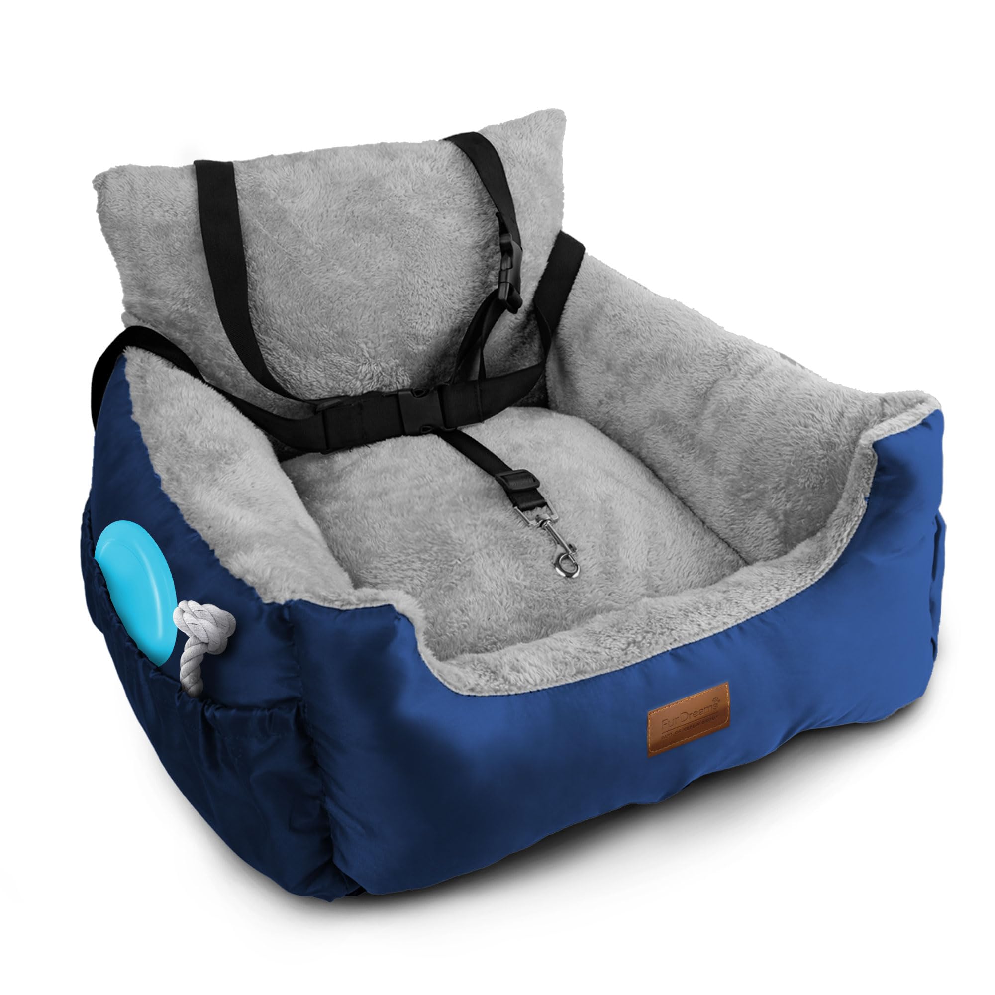 Furdreams Dog Car Seat Plush & Cosy Pet Car Booster Seat for Small Dogs & Cats with Storage Pocket, Dogs Bed with Safety Leash, Waterproof Liner & Non-Slip Base, Dog Travel Bed