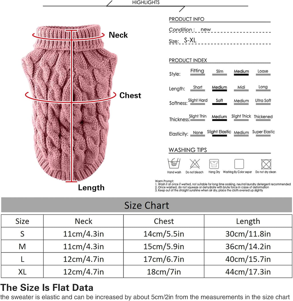 Pet Dog Turtleneck Knitting Sweater Coat Winter Warmer Thickening Pullover Knitwear Crochet Coat Clothes for Small Medium Large Dog Puppy Cat (M, Pink)