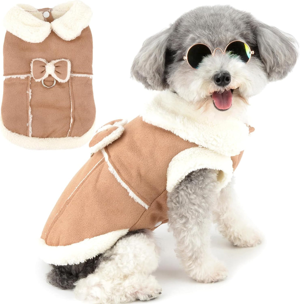 Zunea Dog Winter Coats for Small Dogs Cats Shearing Fleece Dog Jacket Coat with D-Ring Cute Puppy Clothes with Bow Soft Warm Fleece Vest Clothing Windproof Cold Weather Pet Chihuahua Apparel Khaki M