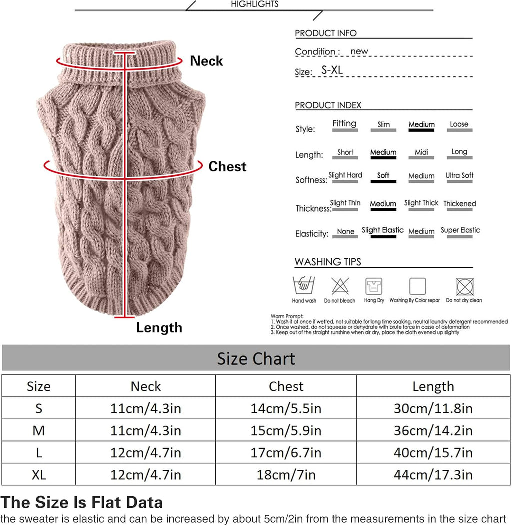 Pet Dog Turtleneck Knitting Sweater Coat Winter Warmer Thickening Pullover Knitwear Crochet Coat Clothes for Small Medium Large Dog Puppy Cat (M, Pink)