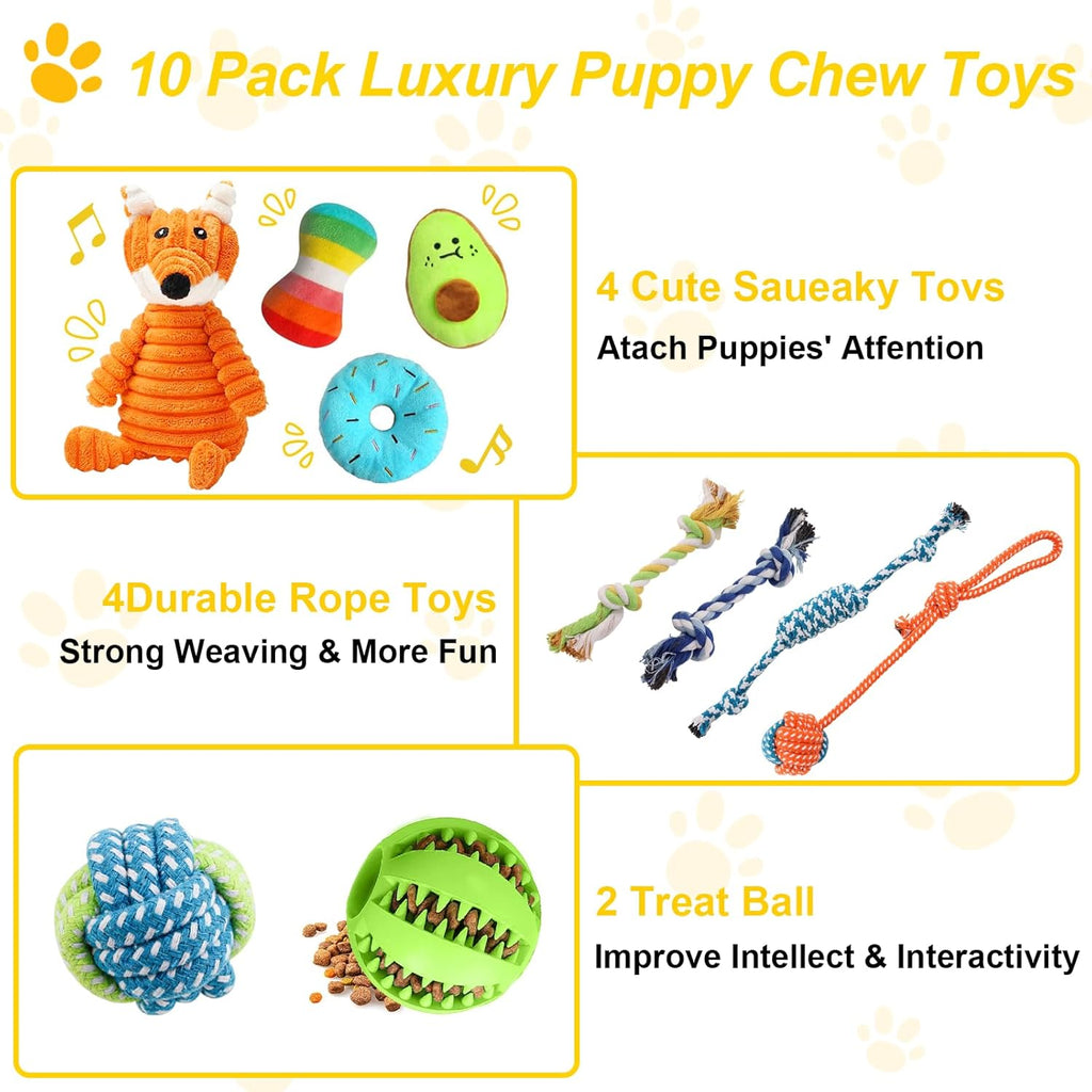 10 Pack Luxury Puppy Toys for Teething Small Dogs,Squeaky Plush Dog Rope Toys Set, Puppy Chew Toys with Cute Squeaky Dog Toys, Ball and More Rope Dog Chew Toys, Xmas Gift for Small and Medium Dogs