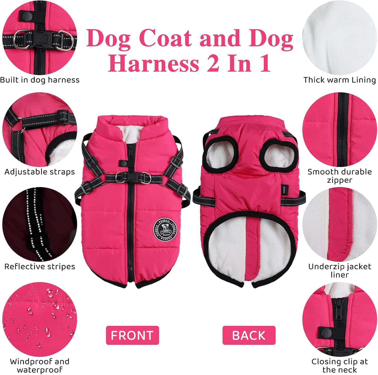 Poseca Dog Clothes for Small Dogs Dog Coat Waterproof Winter Jacket Warm Vest Dog Clothes Dog Coat Warm Winter Dog Jacket with Dog Harness for Small Medium Large Dogs