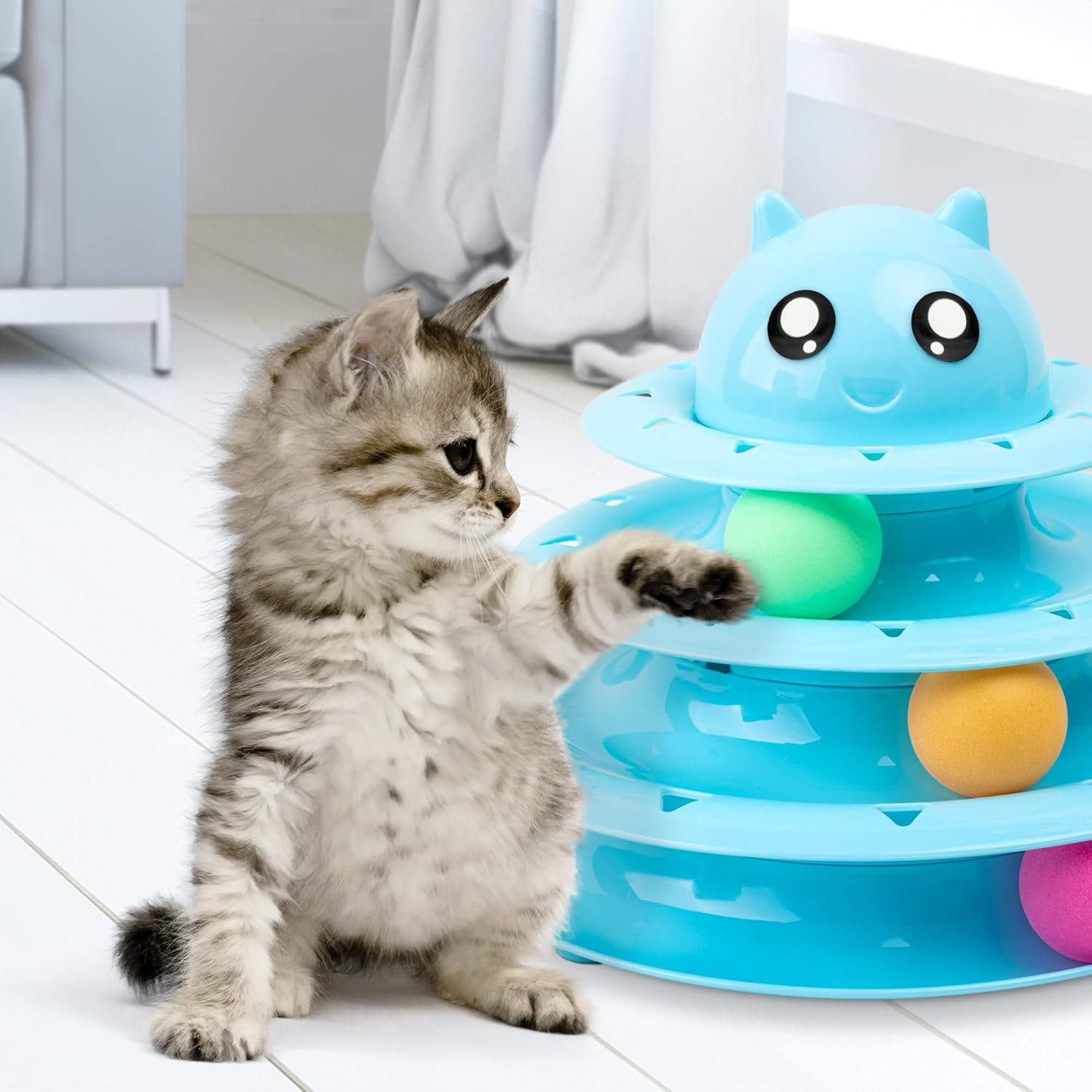 FurDreams Cat Roller Ball Toy Interactive - 3 Tier Tower Fun Cat Ball Track Toy, 3 Level Pet Teaser Toy for Interactive Play, Kitten Fun Puzzle Toy for Exercise & Stimulation