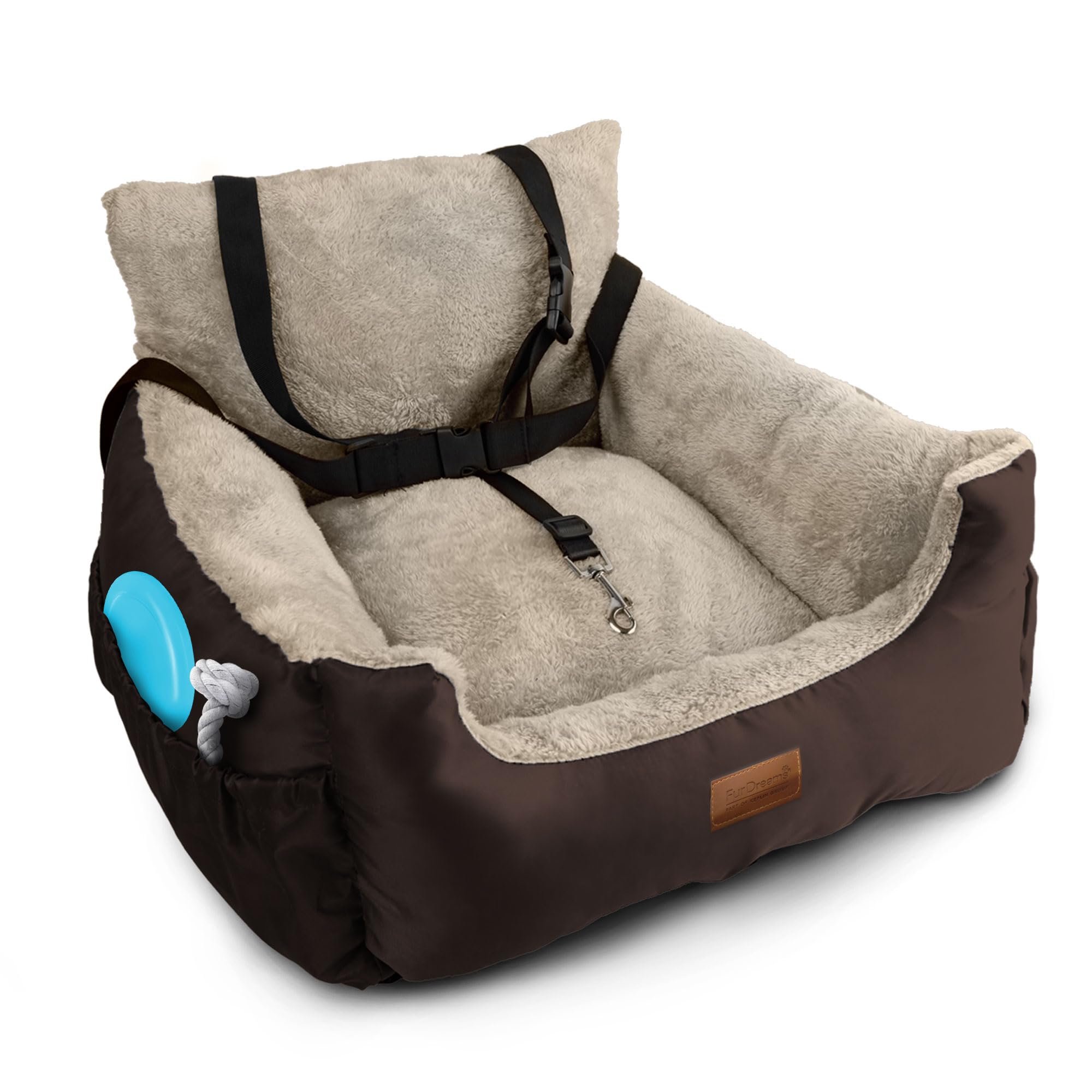 Furdreams Dog Car Seat Plush & Cosy Pet Car Booster Seat for Small Dogs & Cats with Storage Pocket, Dogs Bed with Safety Leash, Waterproof Liner & Non-Slip Base, Dog Travel Bed