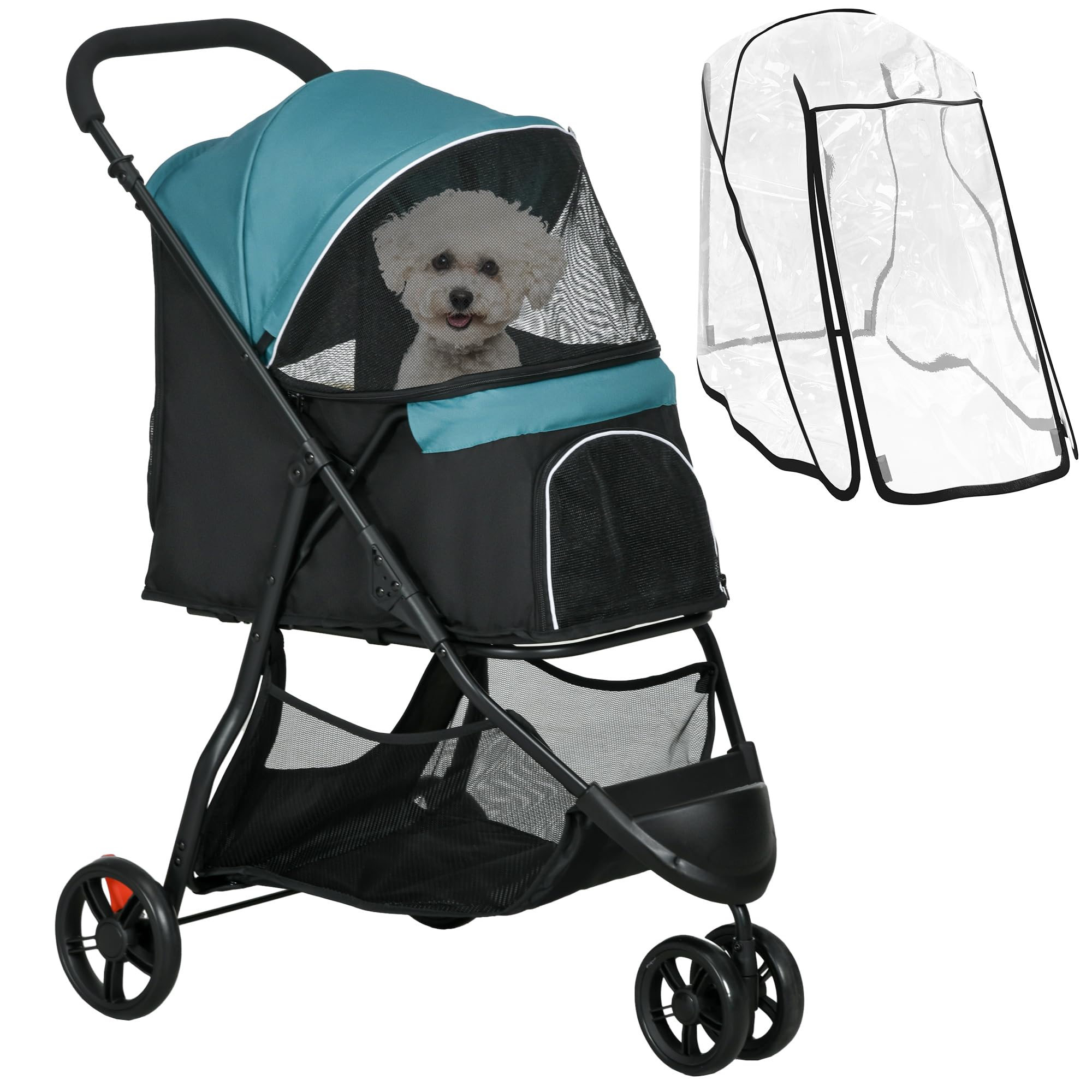 PawHut Dog Pram with Rain Cover Pet Stroller, Foldable Dog Pushchair for Small and Miniature Dogs, Cats