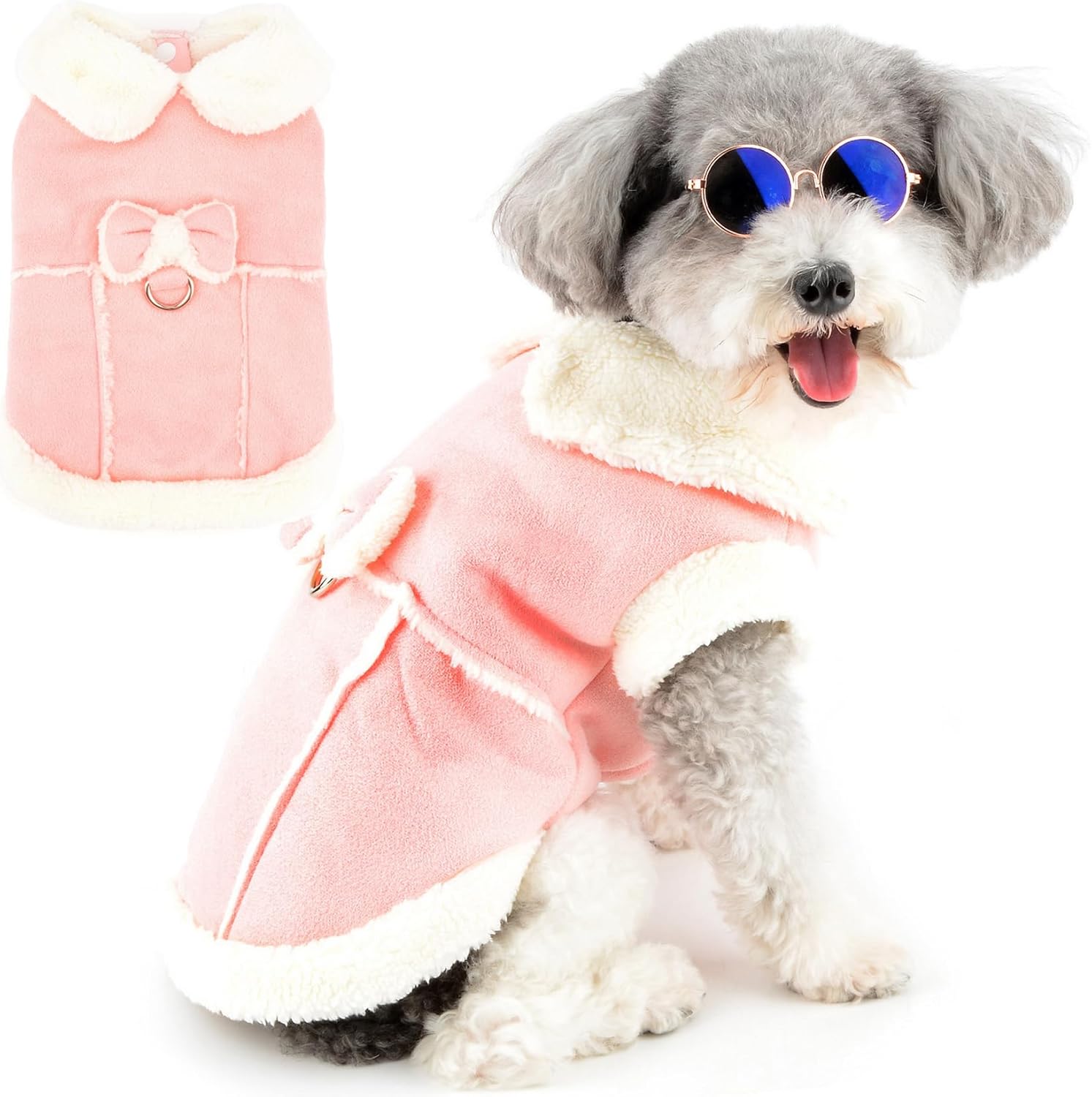 Zunea Dog Winter Coats for Small Dogs Cats Shearing Fleece Dog Jacket Coat with D-Ring Cute Puppy Clothes with Bow Soft Warm Fleece Vest Clothing Windproof Cold Weather Pet Chihuahua Apparel Khaki M