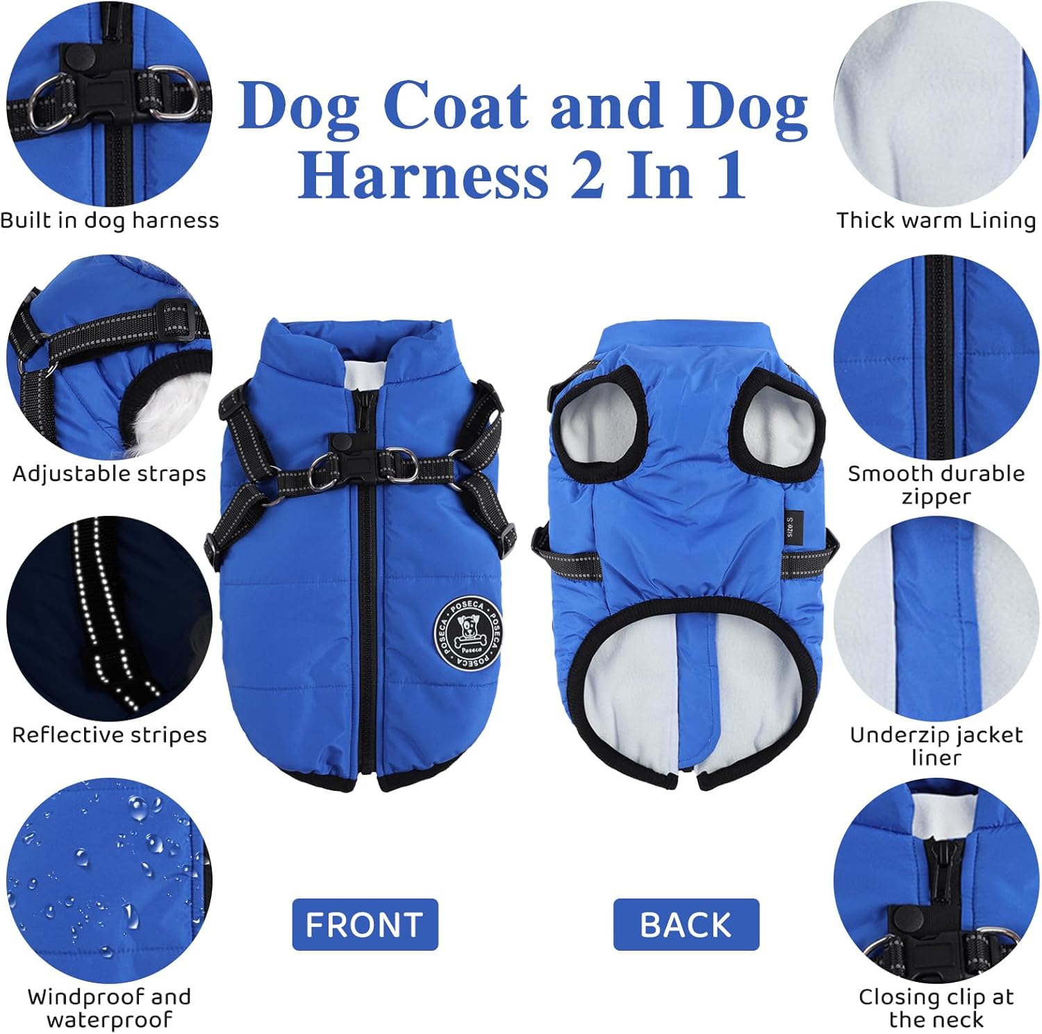 Poseca Dog Clothes for Small Dogs Dog Coat Waterproof Winter Jacket Warm Vest Dog Clothes Dog Coat Warm Winter Dog Jacket with Dog Harness for Small Medium Large Dogs
