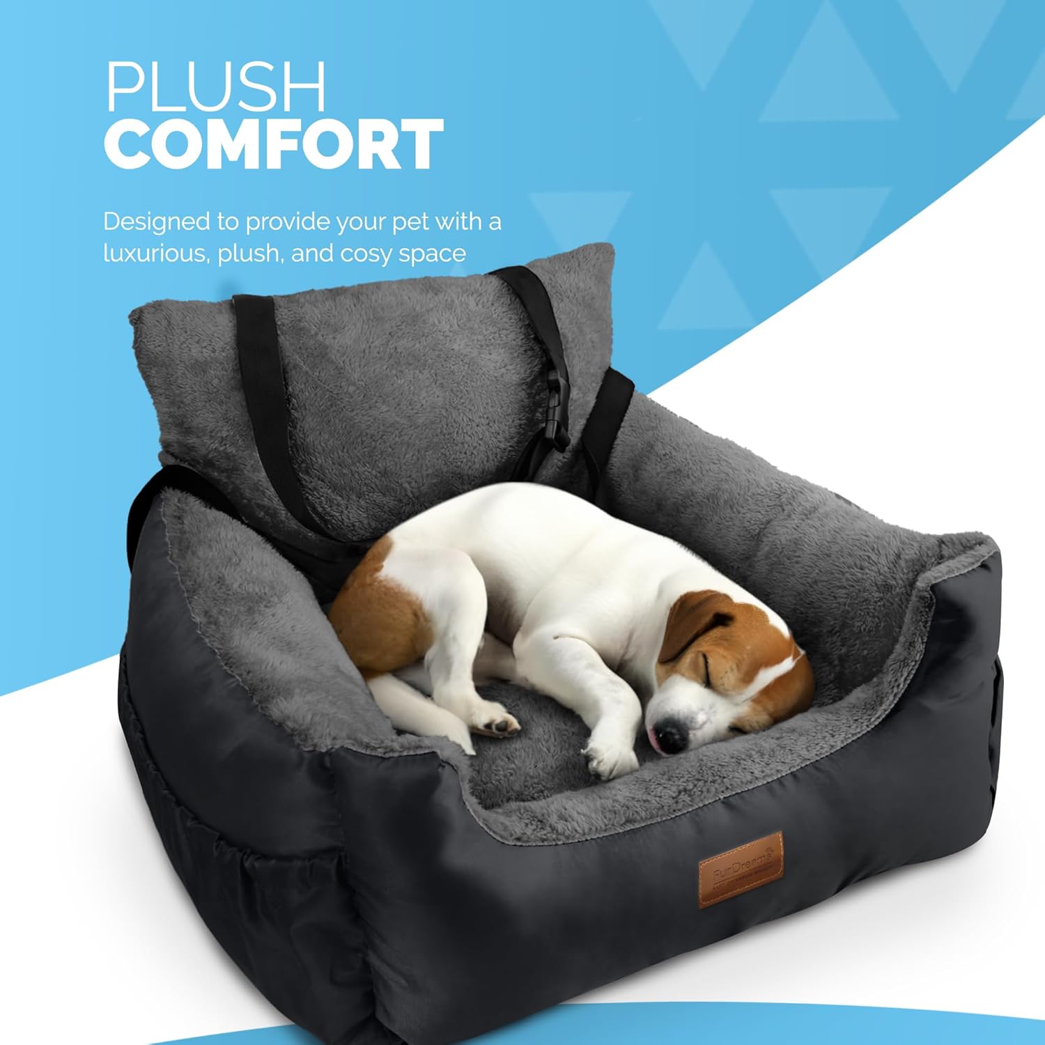Furdreams Dog Car Seat Plush & Cosy Pet Car Booster Seat for Small Dogs & Cats with Storage Pocket, Dogs Bed with Safety Leash, Waterproof Liner & Non-Slip Base, Dog Travel Bed