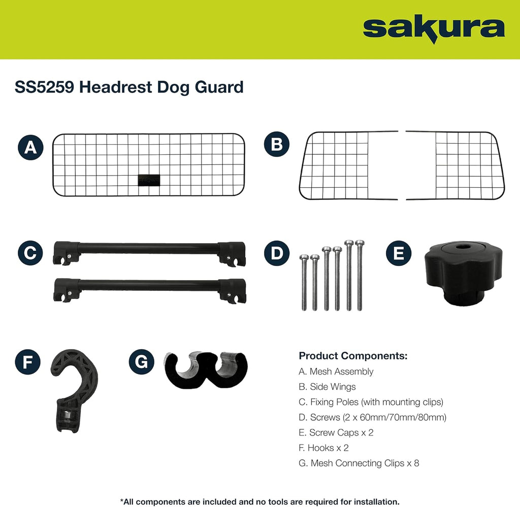 Sakura Headrest Dog Guard For Cars SS5259 - Easy Fit For Most Vehicles Hatchbacks SUVs Estates MPVs – Width Adjustable No Tools Needed, Black,93 x 33 x 6 cm