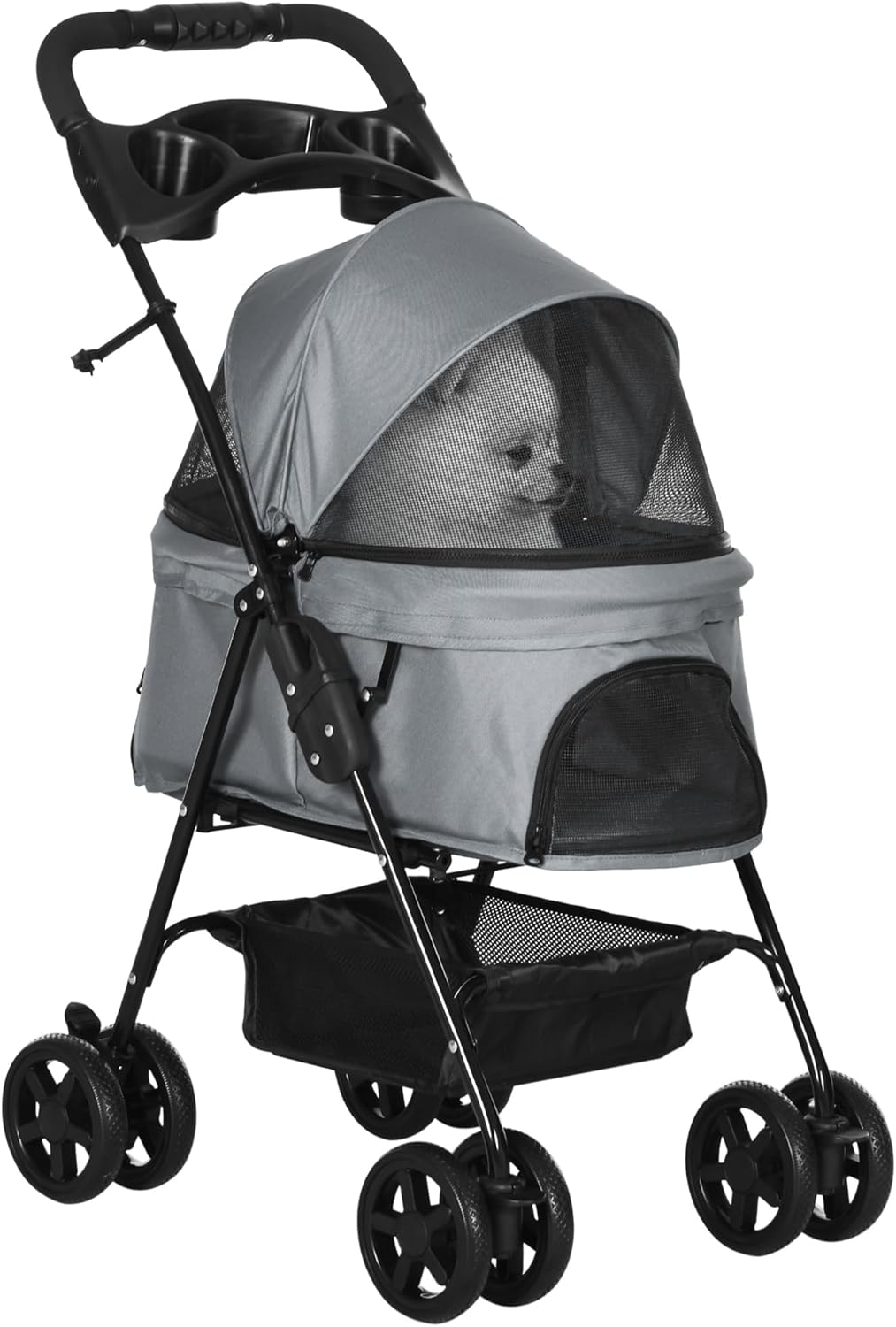 PawHut Dog Pram Dog Stroller Foldable Pet Pushchair with 4 Wheels, Safety Leashes, Cup Holder for Dogs,