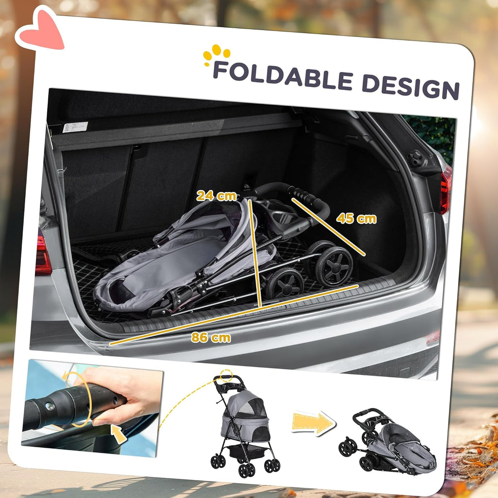 PawHut Dog Pram Dog Stroller Foldable Pet Pushchair with 4 Wheels, Safety Leashes, Cup Holder for Dogs,