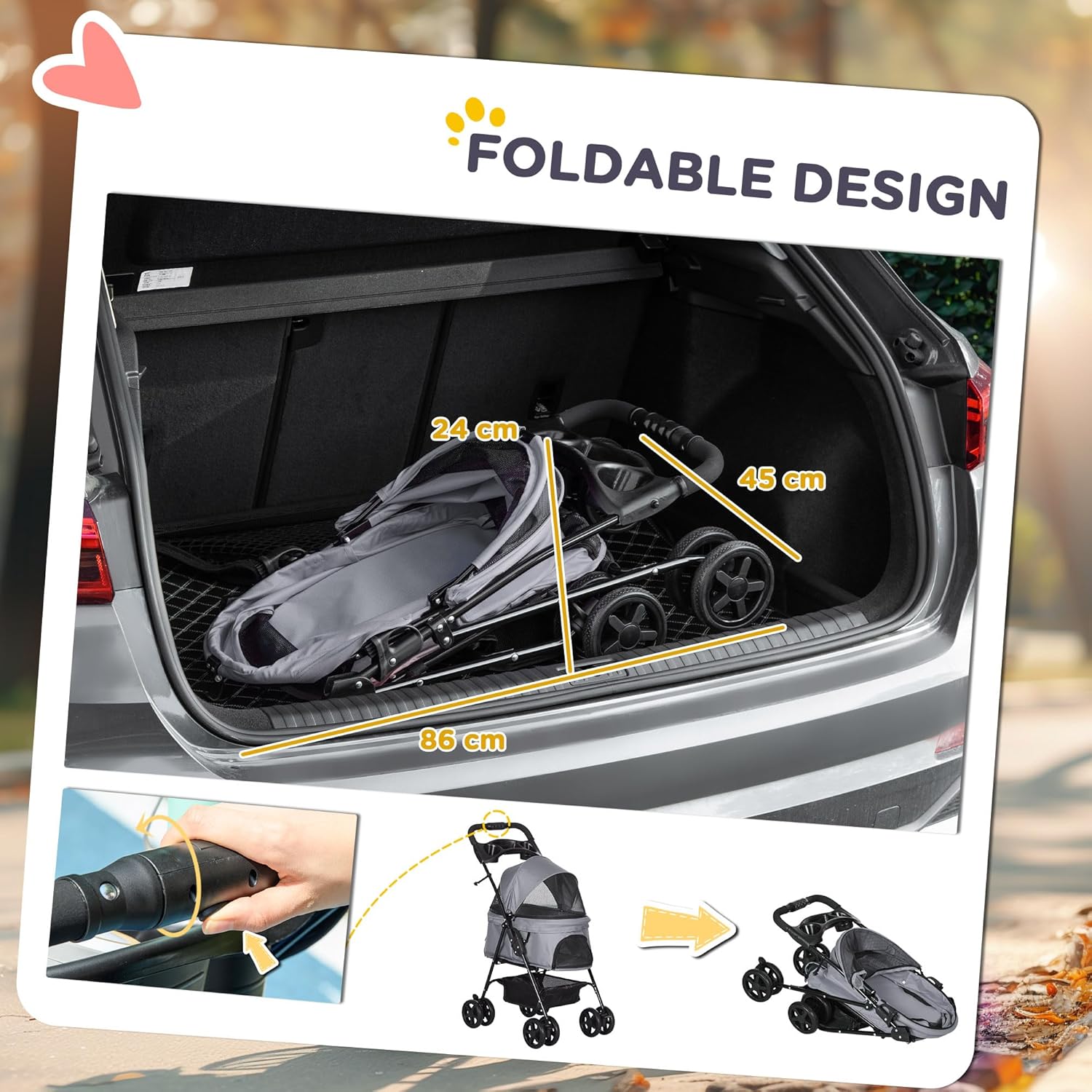 PawHut Dog Pram Dog Stroller Foldable Pet Pushchair with 4 Wheels, Safety Leashes, Cup Holder for Dogs,