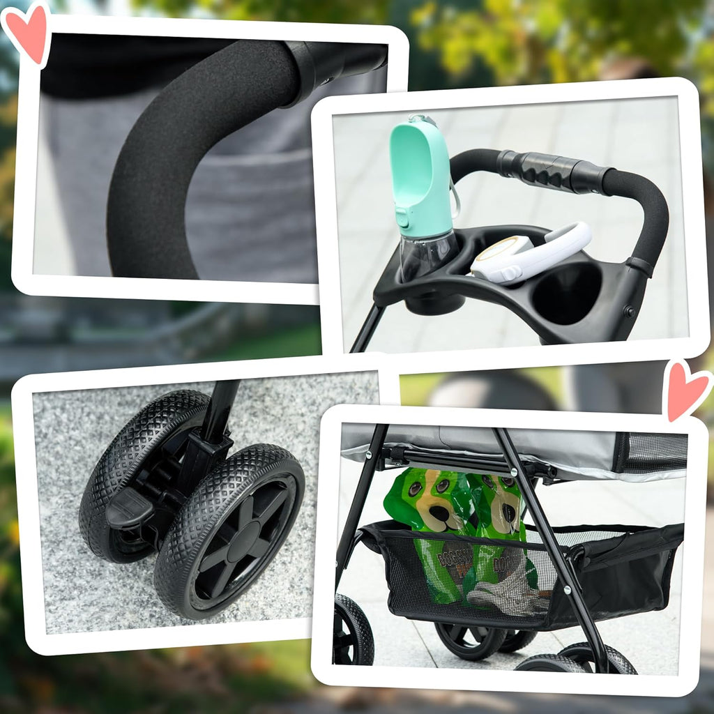 PawHut Dog Pram Dog Stroller Foldable Pet Pushchair with 4 Wheels, Safety Leashes, Cup Holder for Dogs,