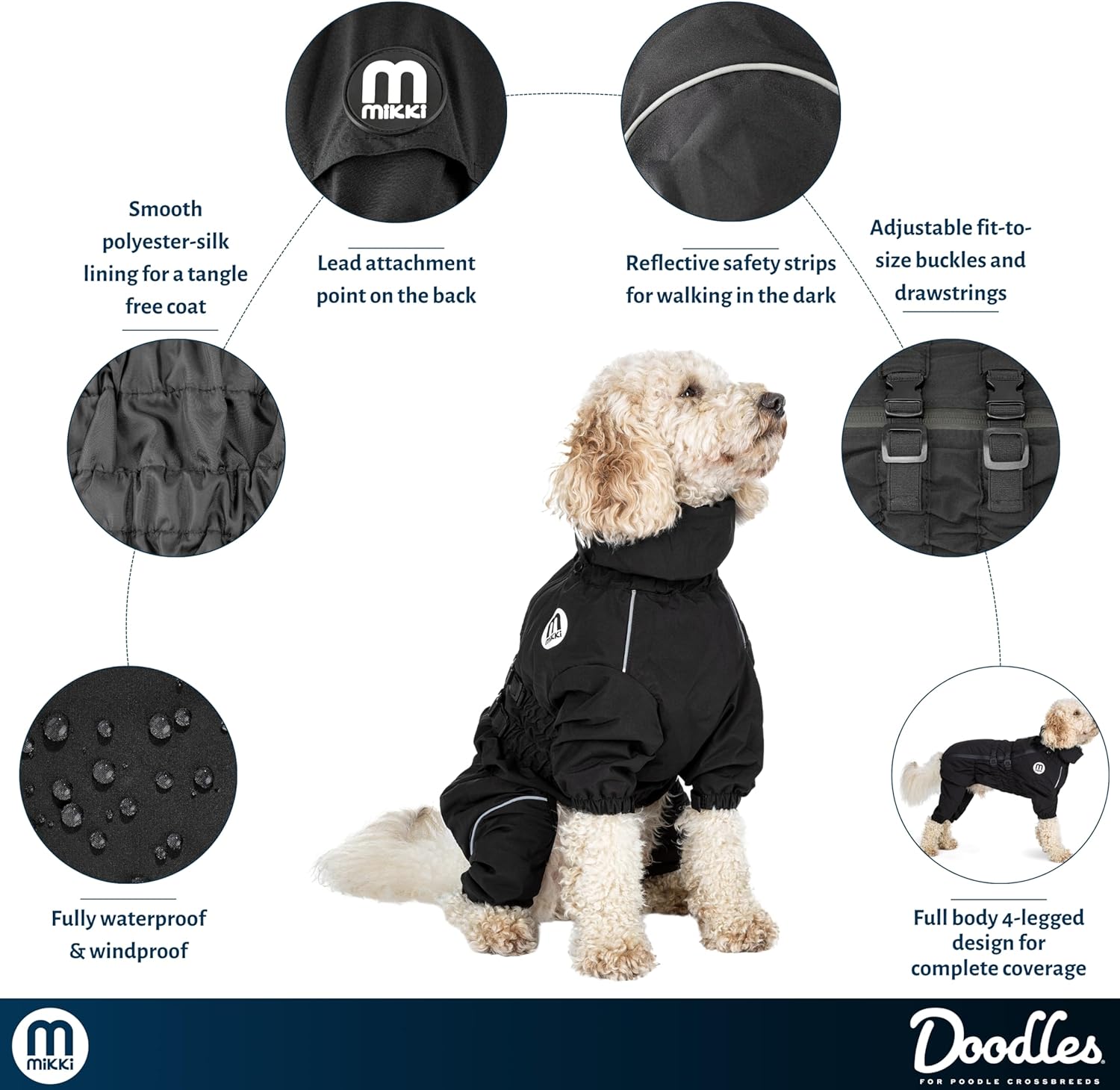 Mikki Doodles Dog Raincoat, Waterproof, Windproof, Silky Lining, Less Friction Means Less Knots & Tangles