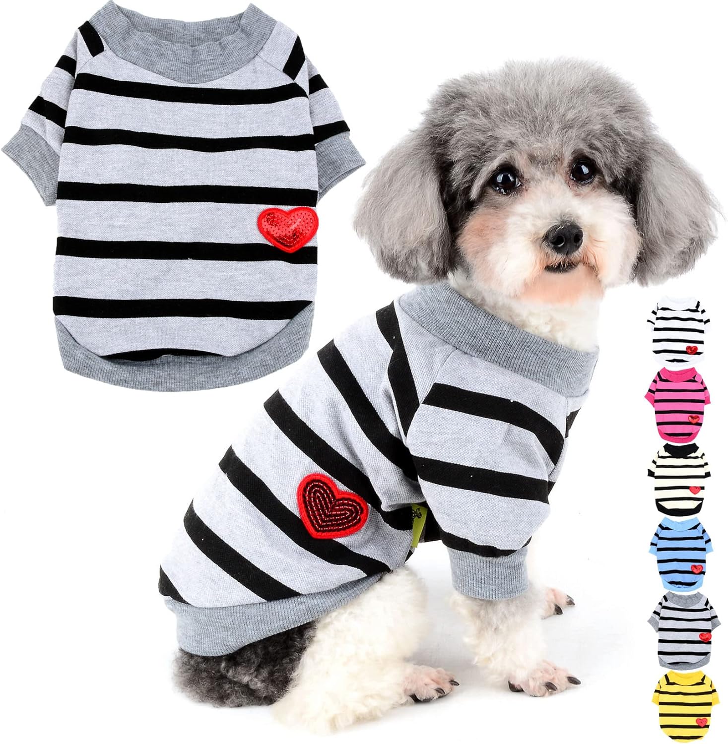 Zunea Dog Shirts for Small Dogs Summer Basic T-Shirt Striped Puppy Clothes Sequins Love Heart Sweatshirt Soft Cotton Short Sleeve Tee Shirt Pet Girl Boy Clothing Pullover Chihuahua Apparel Gray S