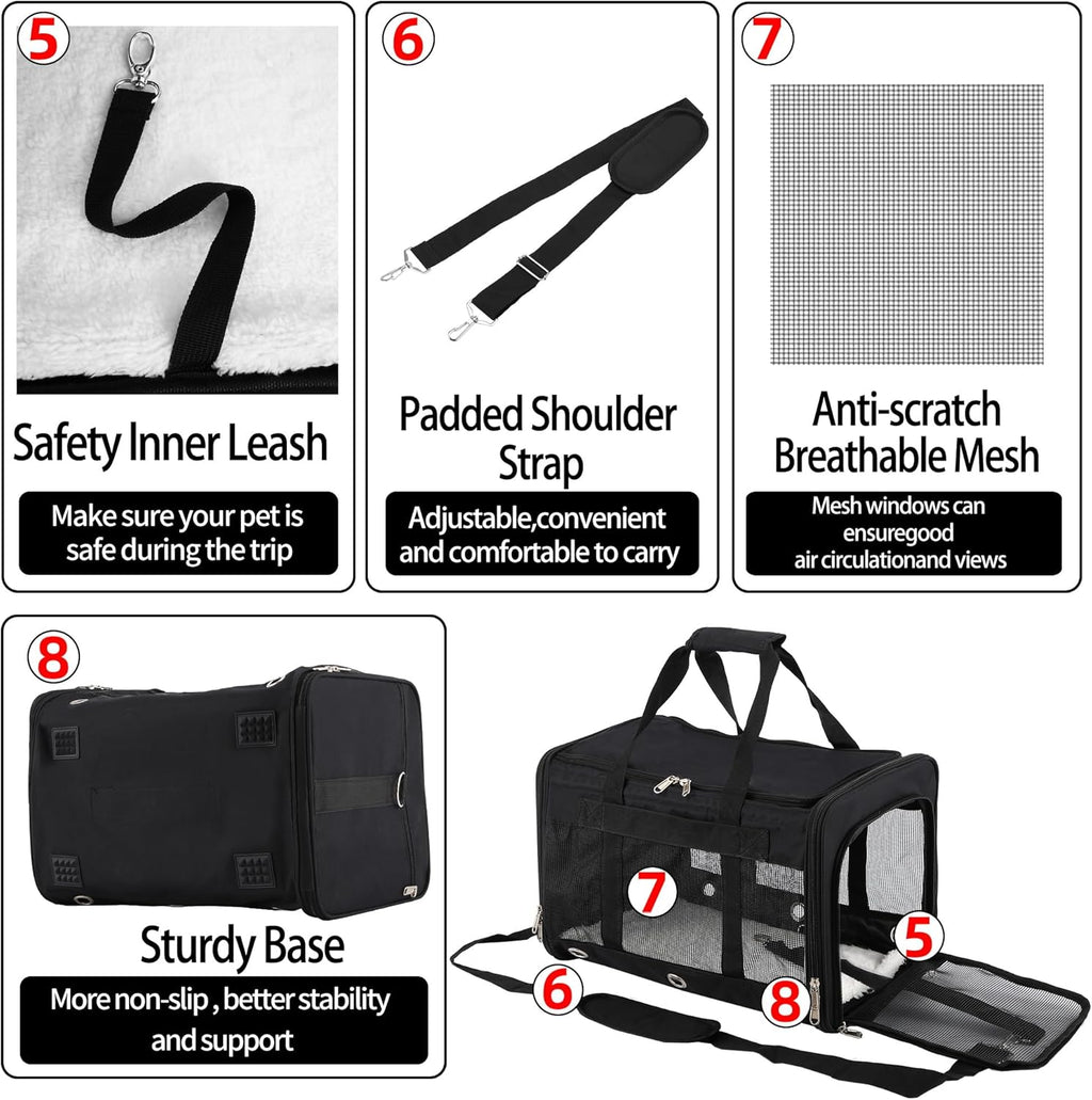 Soft Sided Foldable Cat/Dog/Pet Carrier Bag, Portable Puppy/Pets Travel Carriers For Cats/Dogs With Shoulder Strap & Removable Mat, Durable Cat Basket of 17 lbs Airline Approved - Black, M