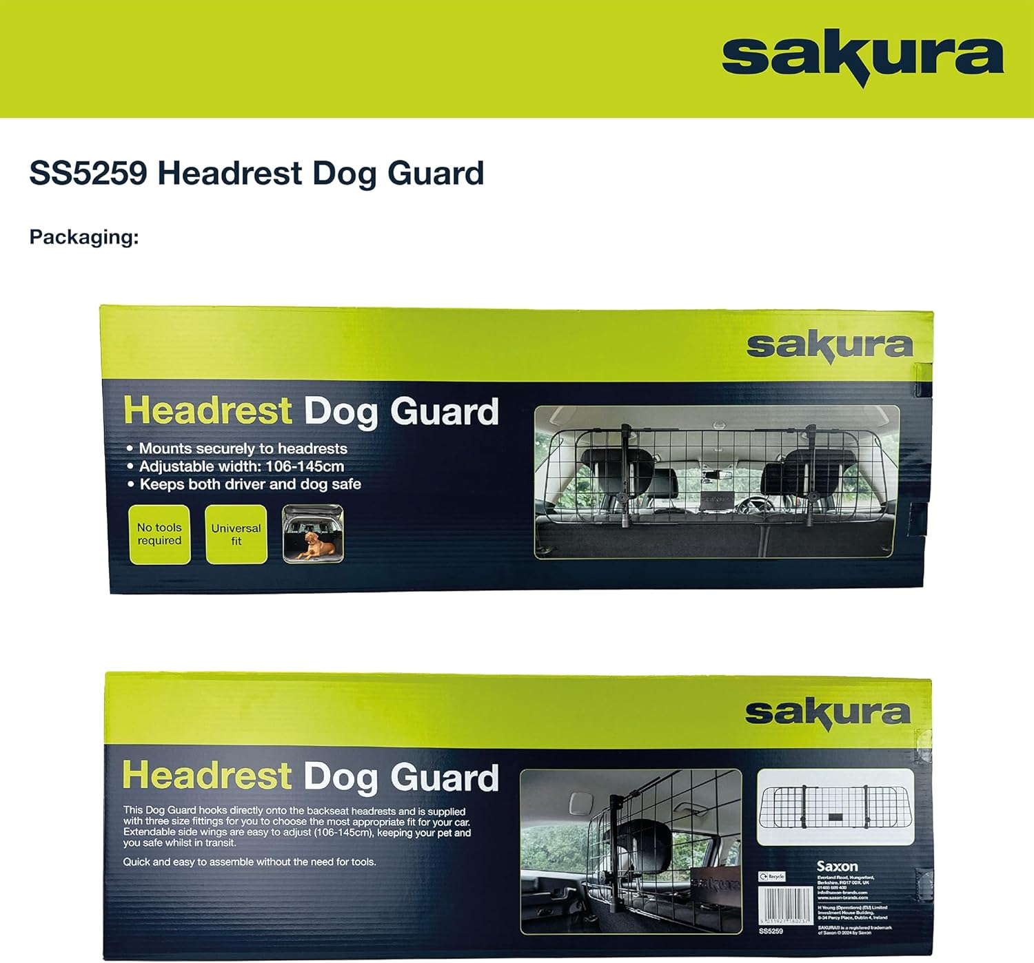 Sakura Headrest Dog Guard For Cars SS5259 - Easy Fit For Most Vehicles Hatchbacks SUVs Estates MPVs – Width Adjustable No Tools Needed, Black,93 x 33 x 6 cm
