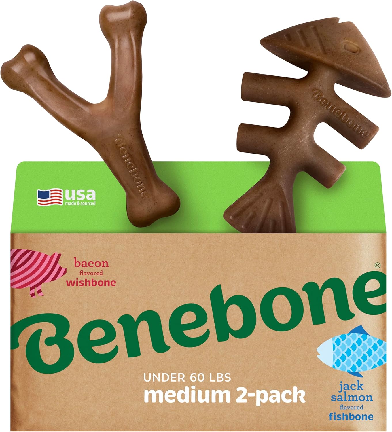 Benebone Durable Dog Chew Toy Box for Aggressive Chewers with Wishbone, Fishbone, Stick & Zaggler, Medium