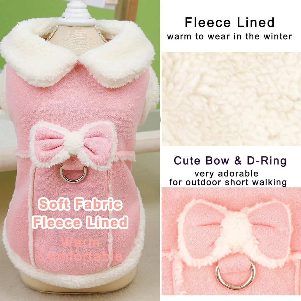 Zunea Dog Winter Coats for Small Dogs Cats Shearing Fleece Dog Jacket Coat with D-Ring Cute Puppy Clothes with Bow Soft Warm Fleece Vest Clothing Windproof Cold Weather Pet Chihuahua Apparel Khaki M