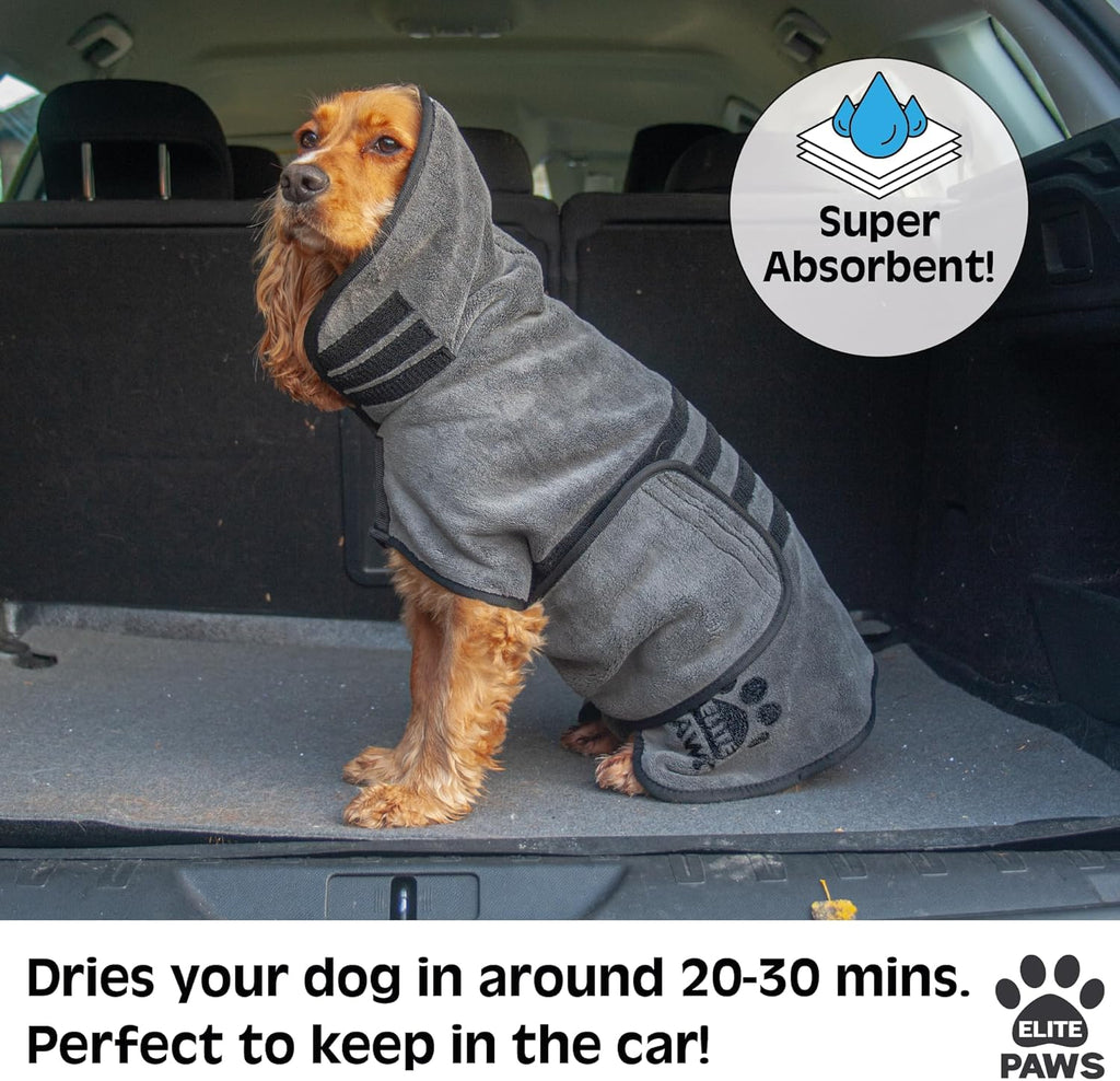 Elite Paws® UK: Luxury Dog Drying Coat, Thicker & Softer Than Most Bath Robes, Dries Pets in About 20-30 Mins, Super Absorbent Microfibre, Limits Mess, Covers Ears, All-Season Dressing Gown Towel, M