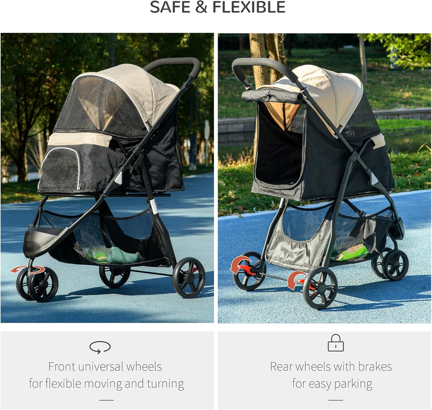 PawHut Dog Pram with Rain Cover Pet Stroller, Foldable Dog Pushchair for Small and Miniature Dogs, Cats