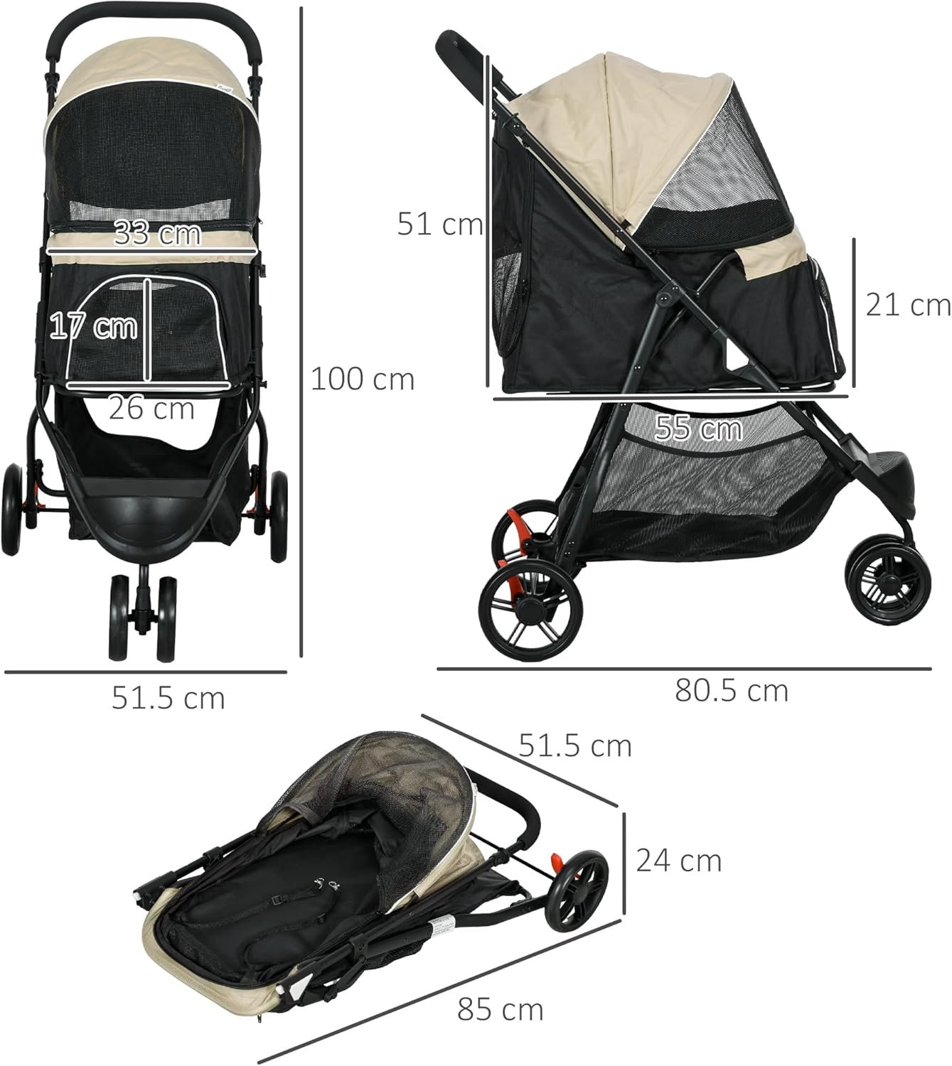 PawHut Dog Pram with Rain Cover Pet Stroller, Foldable Dog Pushchair for Small and Miniature Dogs, Cats