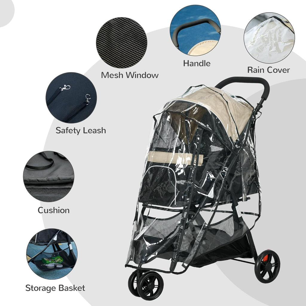 PawHut Dog Pram with Rain Cover Pet Stroller, Foldable Dog Pushchair for Small and Miniature Dogs, Cats