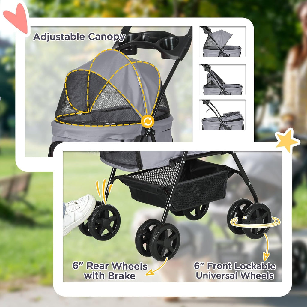 PawHut Dog Pram Dog Stroller Foldable Pet Pushchair with 4 Wheels, Safety Leashes, Cup Holder for Dogs,