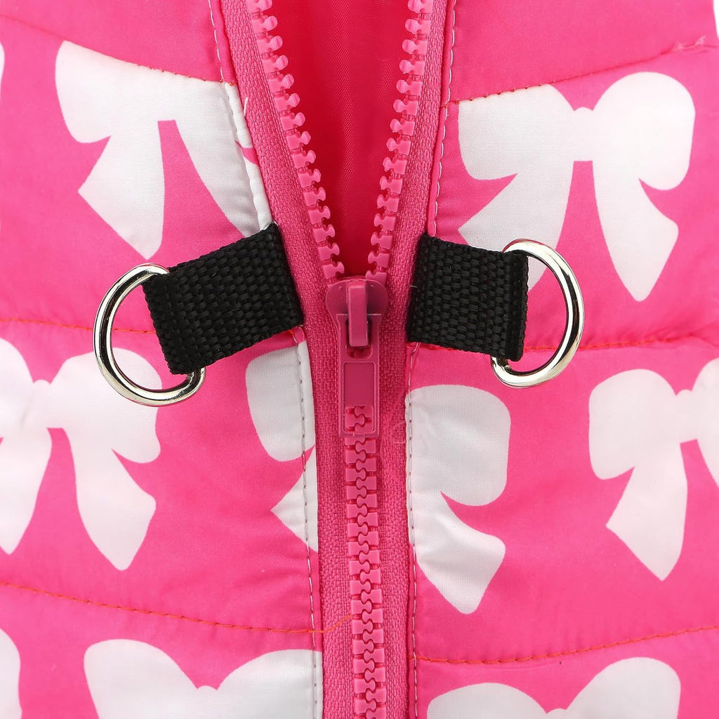 SMALLLEE_LUCKY_STORE Small Dog Cat Winter Coat Harness Jacket with D-ring Boy Girl Pet Puppy Comfort Padded Bomber Vest No Pull Chihuahua Clothes Pink Bows XS