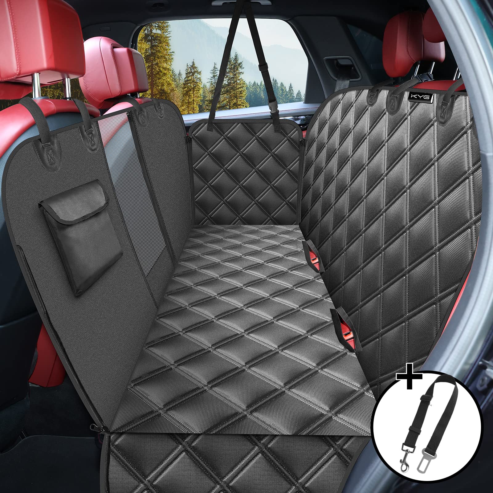KYG Dog Car Seat Cover Dog Hammock For Car Back Seats With Side Protection And Mesh Visual Window, Durable Scratch Proof And Waterproof Pet Car Seat Cover For Cars/Trucks/Suv 135 X 148 Cm Red & Black
