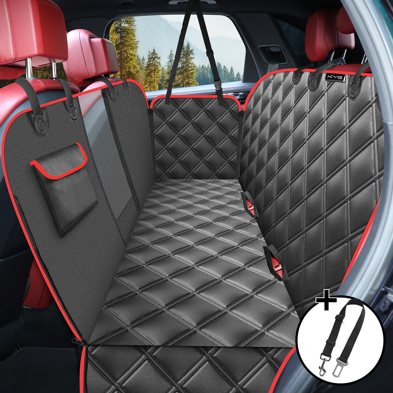 KYG Dog Car Seat Cover Dog Hammock For Car Back Seats With Side Protection And Mesh Visual Window, Durable Scratch Proof And Waterproof Pet Car Seat Cover For Cars/Trucks/Suv 135 X 148 Cm Red & Black