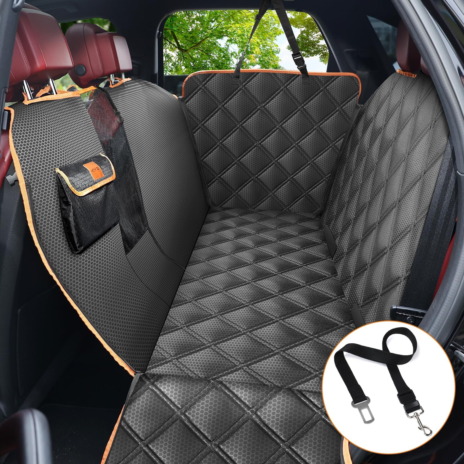KYG Dog Car Seat Cover Dog Hammock For Car Back Seats With Side Protection And Mesh Visual Window, Durable Scratch Proof And Waterproof Pet Car Seat Cover For Cars/Trucks/Suv 135 X 148 Cm Red & Black