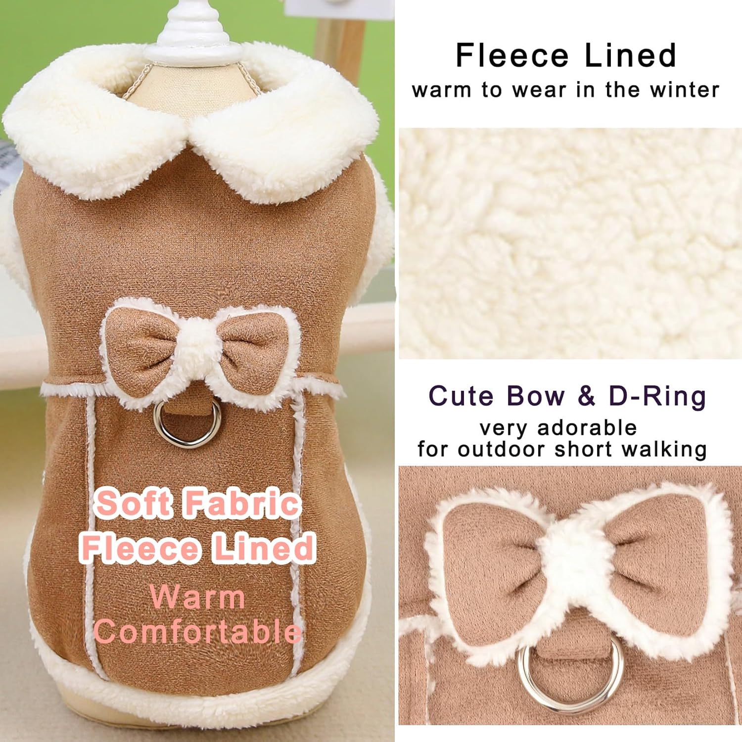 Zunea Dog Winter Coats for Small Dogs Cats Shearing Fleece Dog Jacket Coat with D-Ring Cute Puppy Clothes with Bow Soft Warm Fleece Vest Clothing Windproof Cold Weather Pet Chihuahua Apparel Khaki M