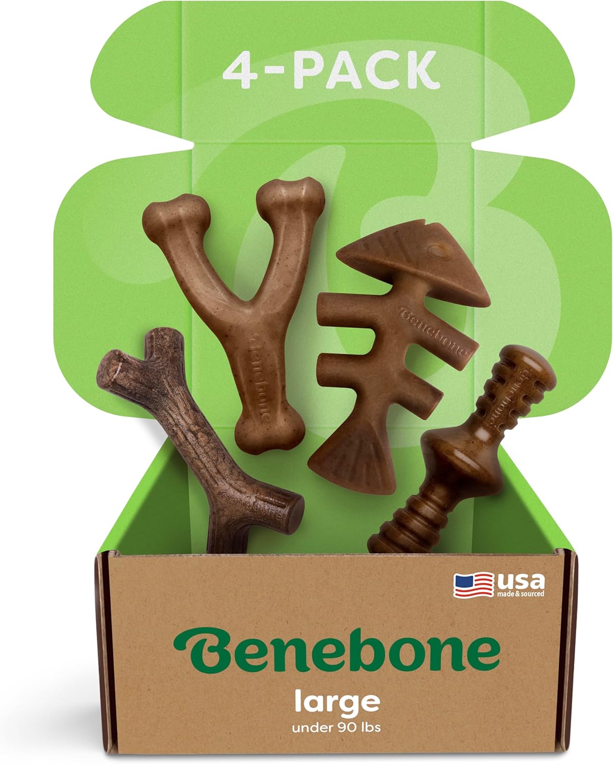 Benebone Durable Dog Chew Toy Box for Aggressive Chewers with Wishbone, Fishbone, Stick & Zaggler, Medium