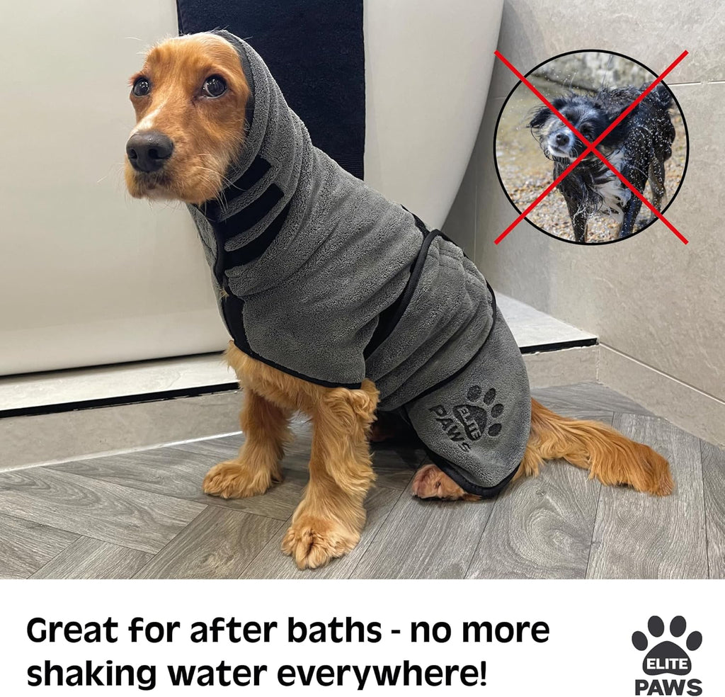 Elite Paws® UK: Luxury Dog Drying Coat, Thicker & Softer Than Most Bath Robes, Dries Pets in About 20-30 Mins, Super Absorbent Microfibre, Limits Mess, Covers Ears, All-Season Dressing Gown Towel, M