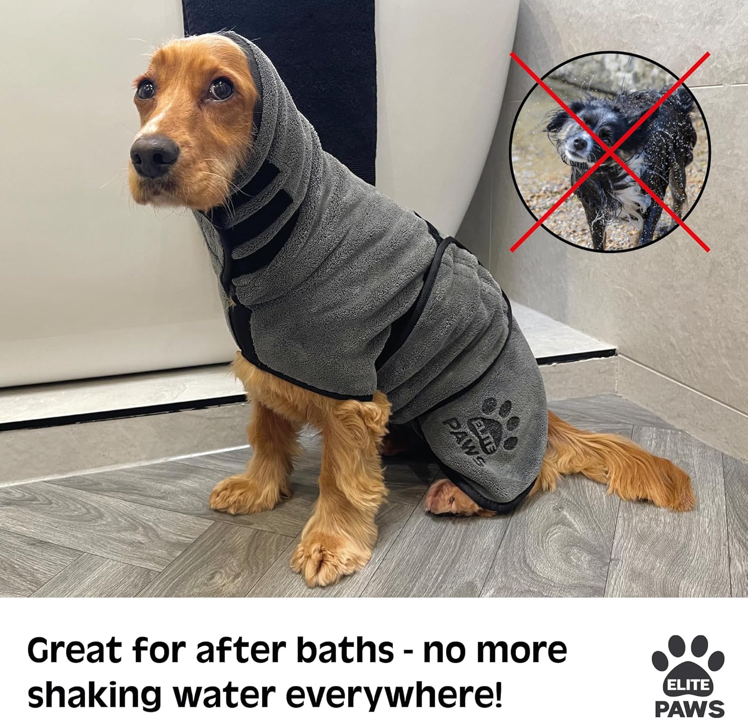 Elite Paws® UK: Luxury Dog Drying Coat, Thicker & Softer Than Most Bath Robes, Dries Pets in About 20-30 Mins, Super Absorbent Microfibre, Limits Mess, Covers Ears, All-Season Dressing Gown Towel, M