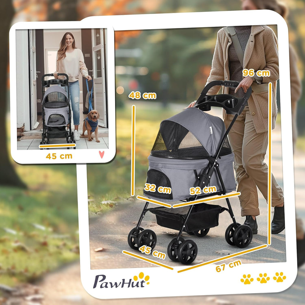 PawHut Dog Pram Dog Stroller Foldable Pet Pushchair with 4 Wheels, Safety Leashes, Cup Holder for Dogs,