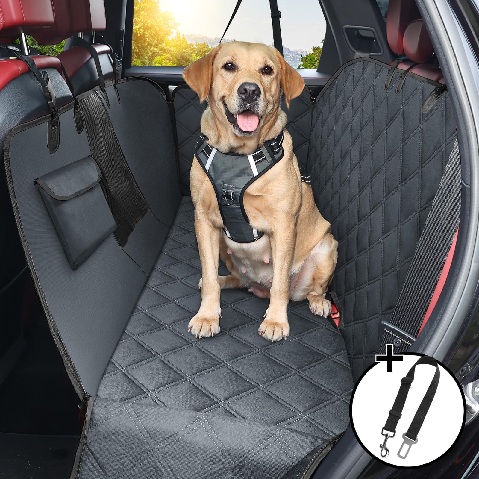 KYG Dog Car Seat Cover Dog Hammock For Car Back Seats With Side Protection And Mesh Visual Window, Durable Scratch Proof And Waterproof Pet Car Seat Cover For Cars/Trucks/Suv 135 X 148 Cm Red & Black