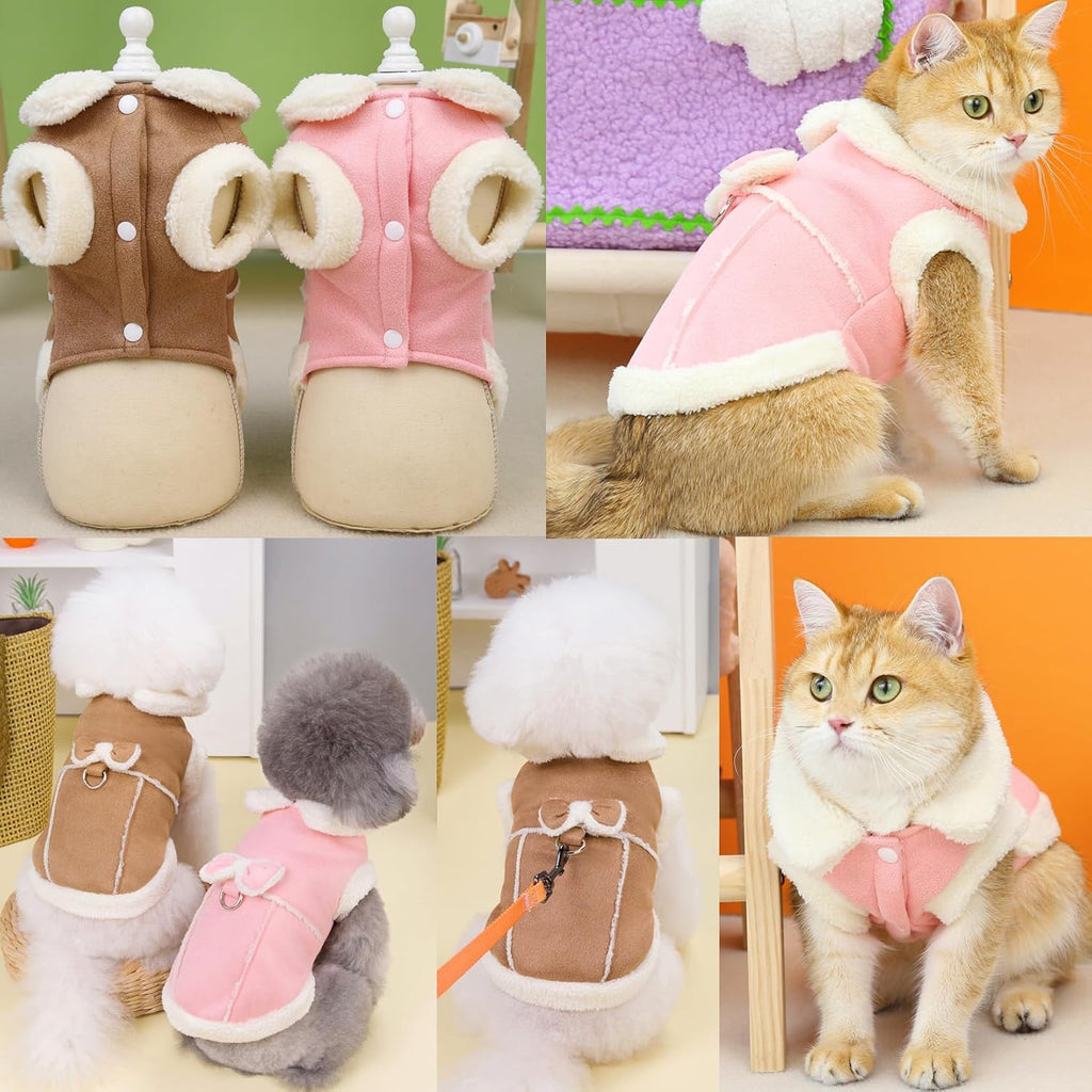 Zunea Dog Winter Coats for Small Dogs Cats Shearing Fleece Dog Jacket Coat with D-Ring Cute Puppy Clothes with Bow Soft Warm Fleece Vest Clothing Windproof Cold Weather Pet Chihuahua Apparel Khaki M