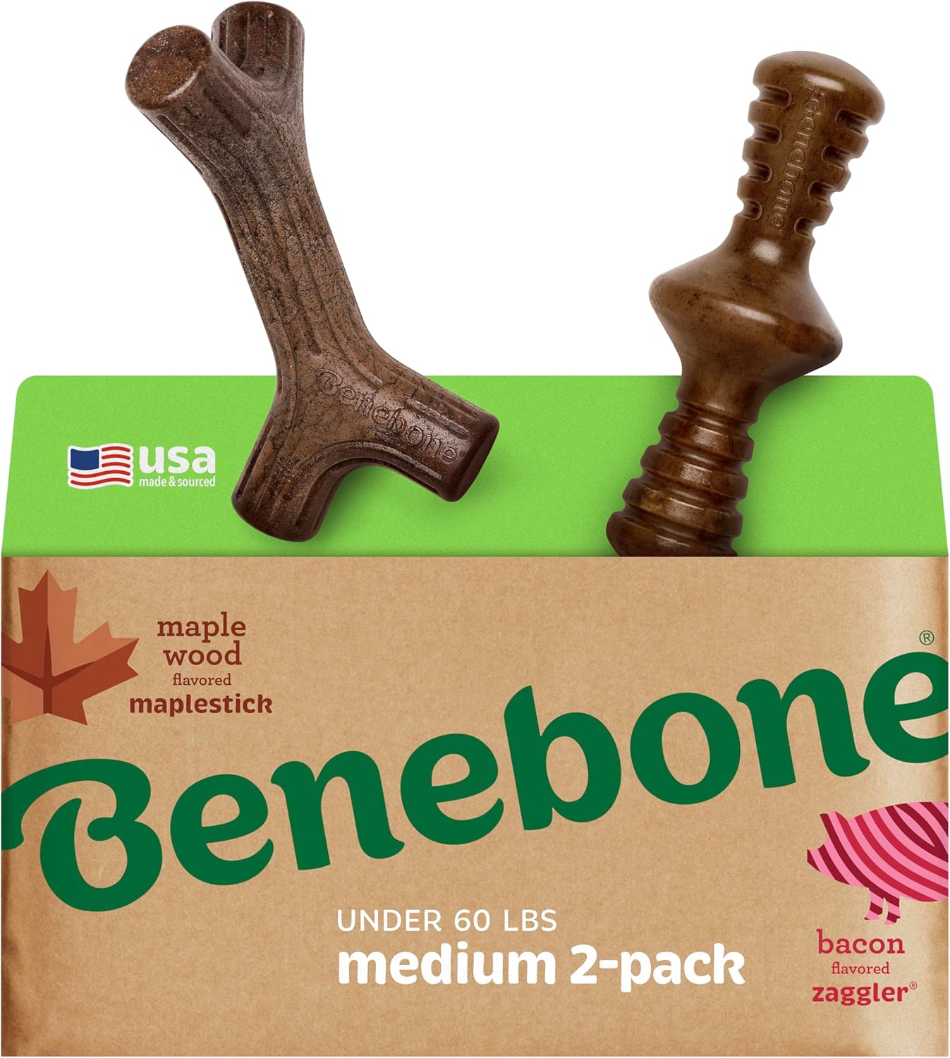 Benebone Durable Dog Chew Toy Box for Aggressive Chewers with Wishbone, Fishbone, Stick & Zaggler, Medium