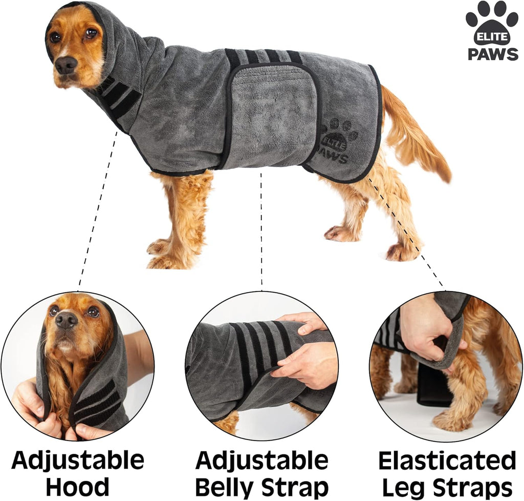 Elite Paws® UK: Luxury Dog Drying Coat, Thicker & Softer Than Most Bath Robes, Dries Pets in About 20-30 Mins, Super Absorbent Microfibre, Limits Mess, Covers Ears, All-Season Dressing Gown Towel, M